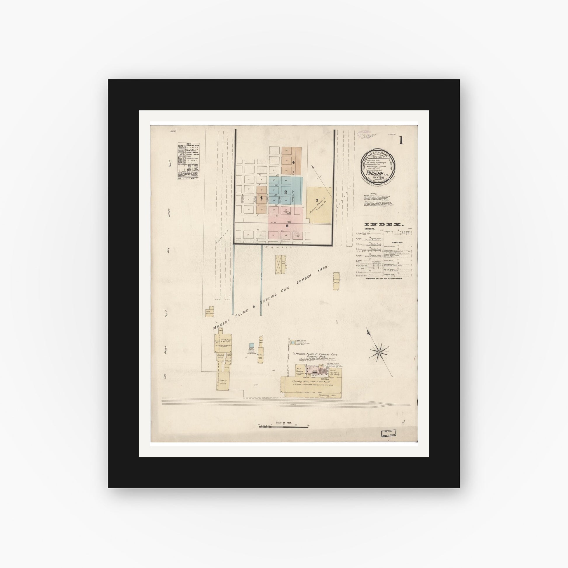 Old map wall art mockup — black gallery frame with white mat — Sanborn Fire Insurance Map from Madera, Madera County, California (1888) - Complete Map Set