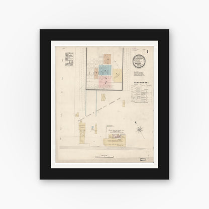 Old map wall art mockup — black gallery frame with white mat — Sanborn Fire Insurance Map from Madera, Madera County, California (1888) - Complete Map Set