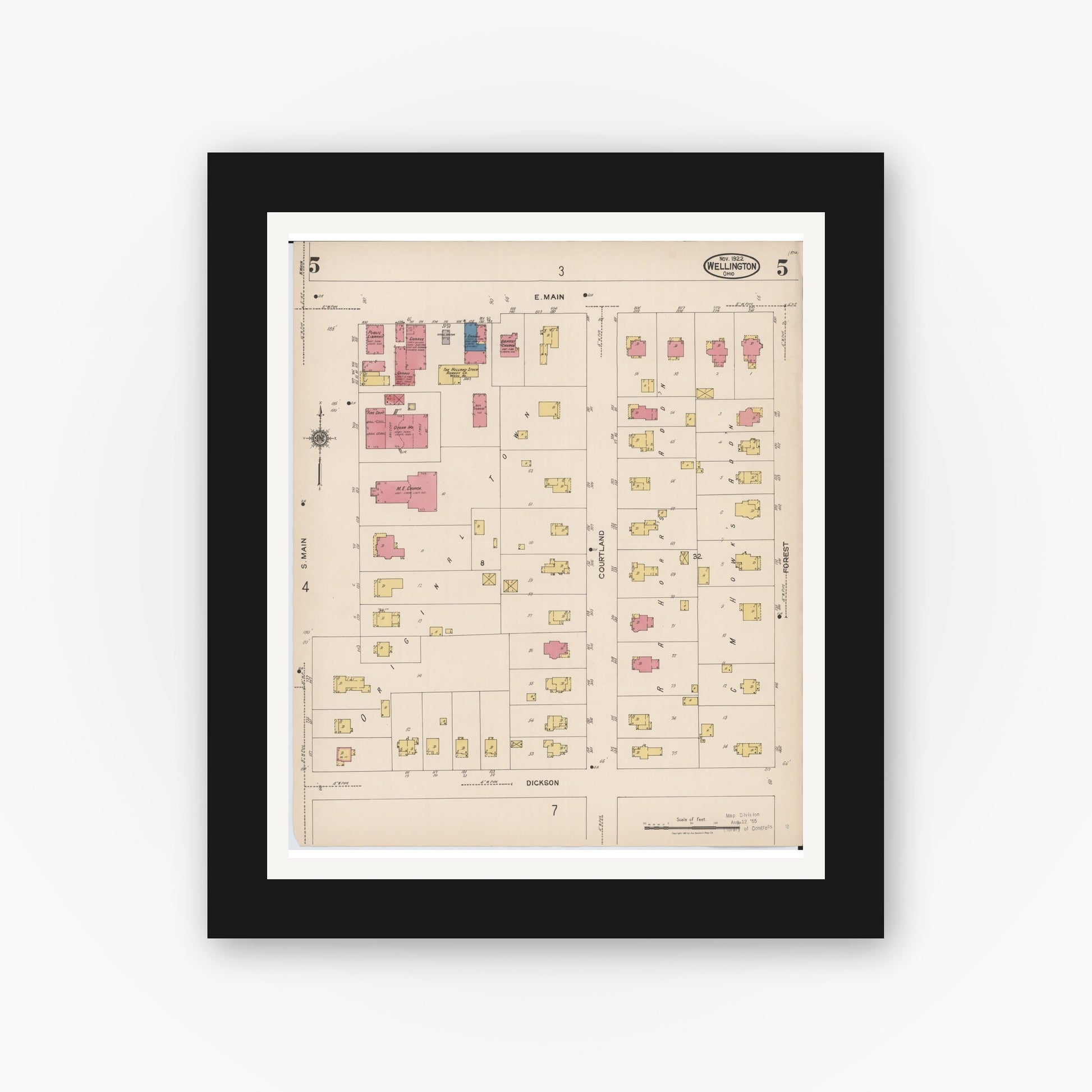 Old map wall art mockup — black gallery frame with white mat — Sanborn Fire Insurance Map from Wellington, Lorain County, Ohio (1922), Sheet #0005