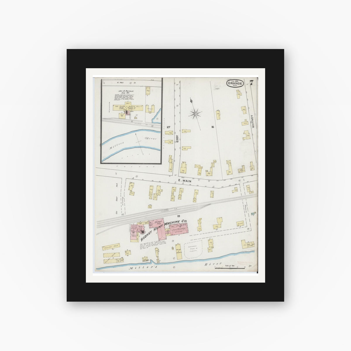 Old map wall art mockup — black gallery frame with white mat — Sanborn Fire Insurance Map from Orange, Franklin County, Massachusetts (1889), Sheet #0007