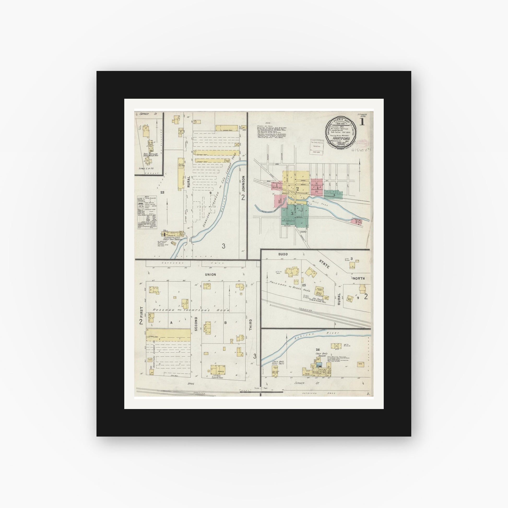 Old map wall art mockup — black gallery frame with white mat — Sanborn Fire Insurance Map from Hartford, Washington County, Wisconsin (1897) - Complete Map Set