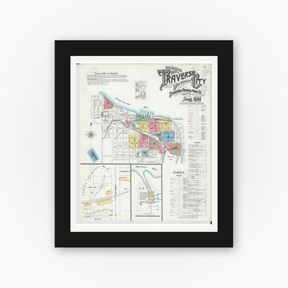 Old map wall art mockup — black gallery frame with white mat — Sanborn Fire Insurance Map from Traverse City, Grand Traverse County, Michigan (1899), Sheet #0001
