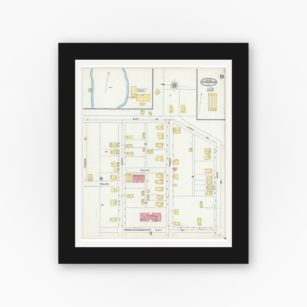 Old map wall art mockup — black gallery frame with white mat — Sanborn Fire Insurance Map from Stroudsburg, Monroe County, Pennsylvania (1905), Sheet #0009