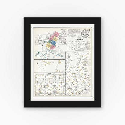 Old map wall art mockup — black gallery frame with white mat — Sanborn Fire Insurance Map from Spooner, Washburn County, Wisconsin (1917) - Complete Map Set