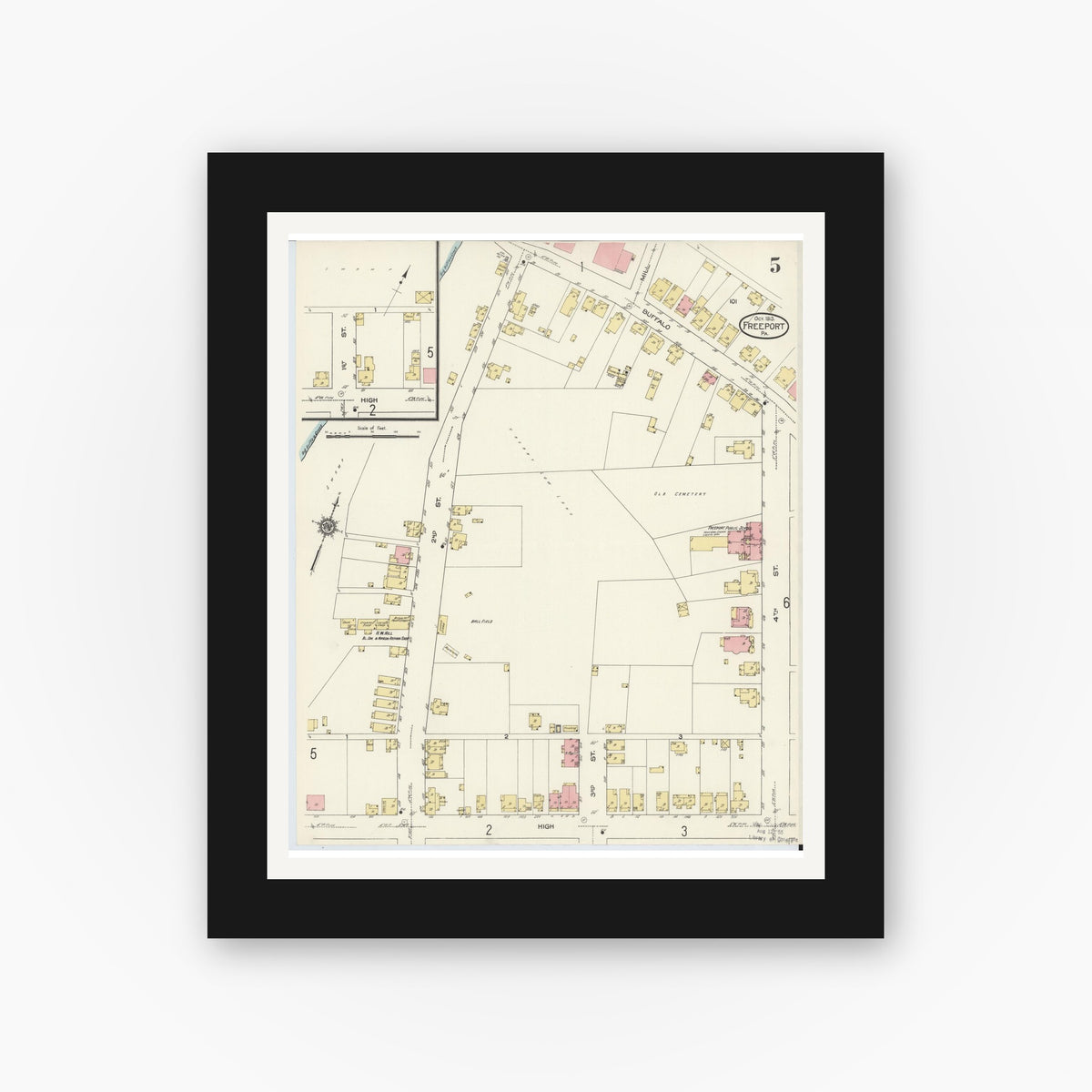 Old map wall art mockup — black gallery frame with white mat — Sanborn Fire Insurance Map from Freeport, Armstrong County, Pennsylvania (1913), Sheet #0005