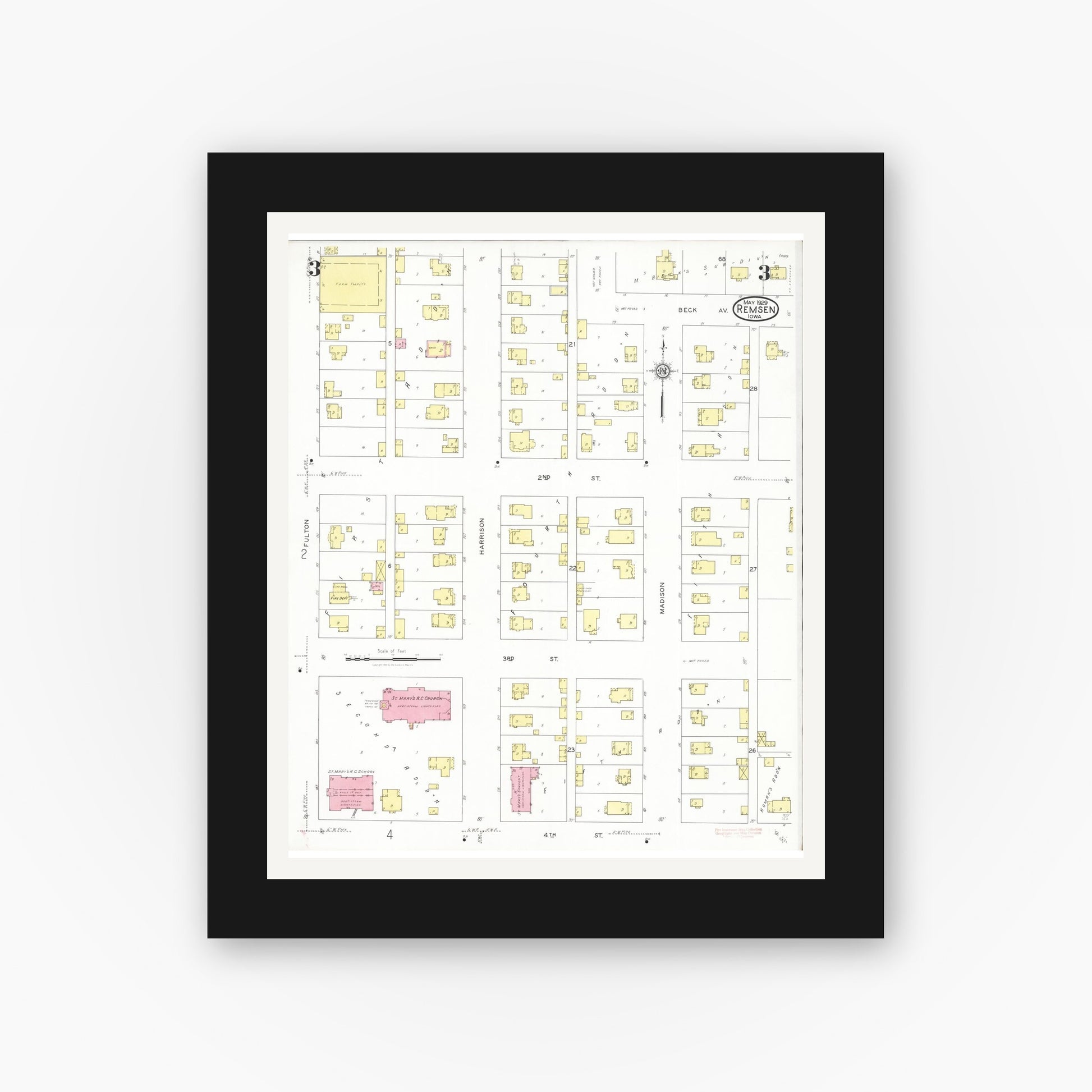 Old map wall art mockup — black gallery frame with white mat — Sanborn Fire Insurance Map from Remsen, Plymouth County, Iowa (1929), Sheet #0003
