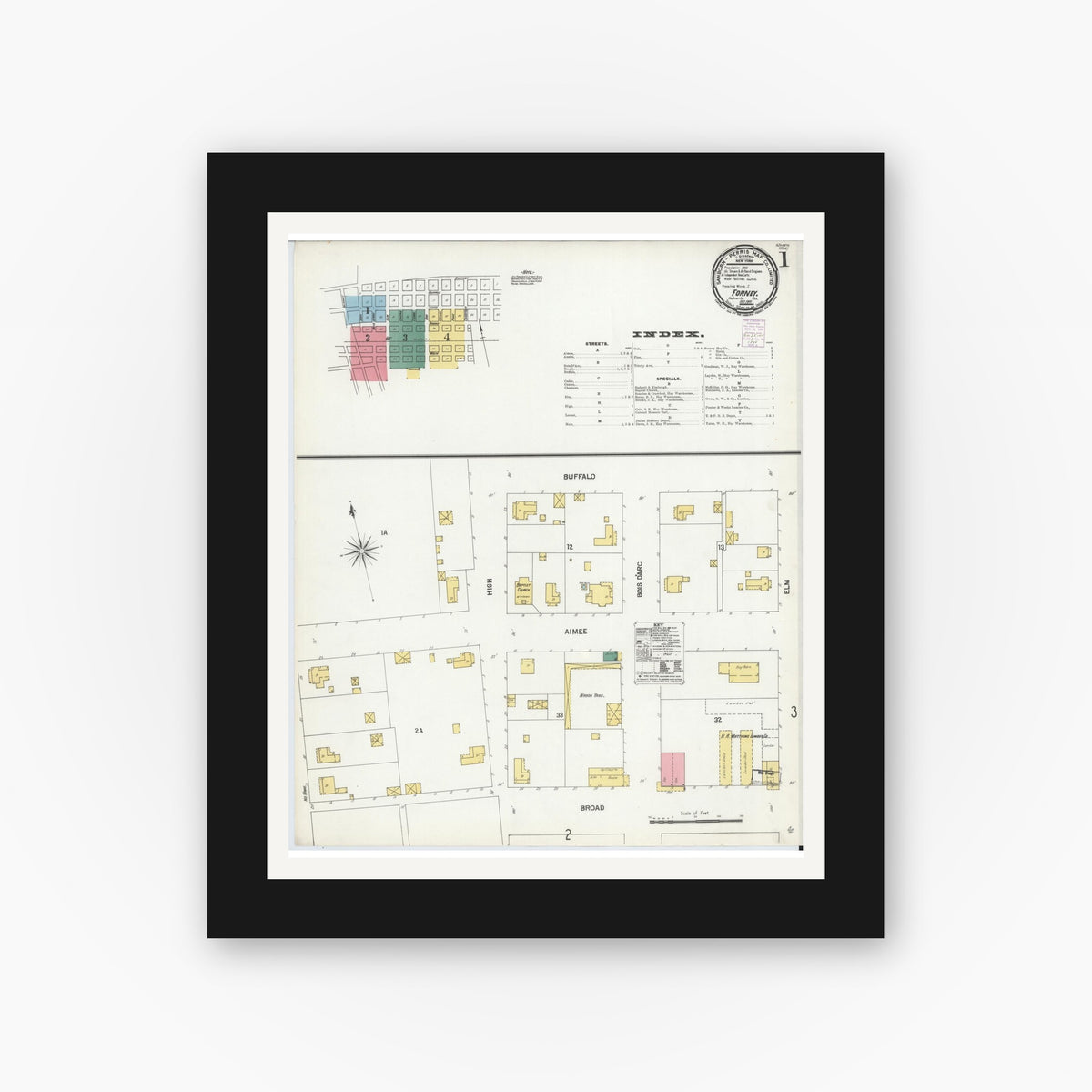 Old map wall art mockup — black gallery frame with white mat — Sanborn Fire Insurance Map from Forney, Kaufman County, Texas (1901), Sheet #0001