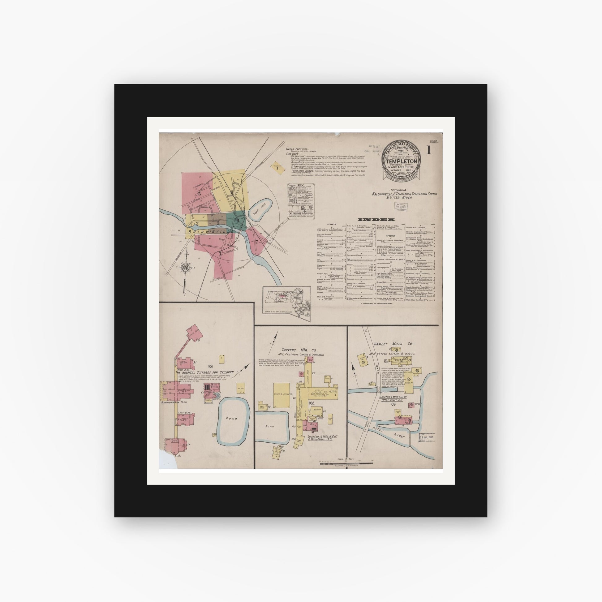 Old map wall art mockup — black gallery frame with white mat — Sanborn Fire Insurance Map from Templeton, Worcester County, Massachusetts (1922) - Complete Map Set