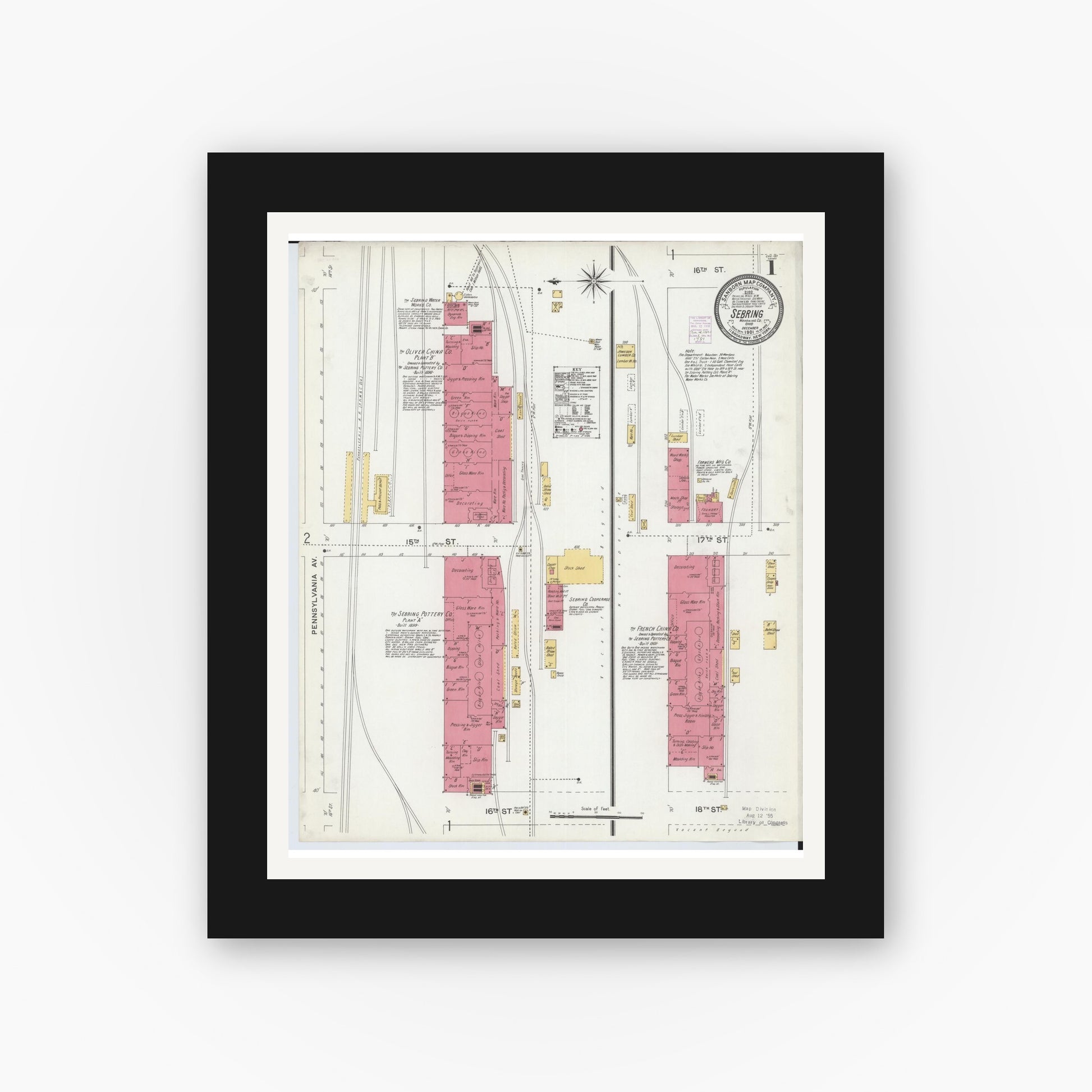 Old map wall art mockup — black gallery frame with white mat — Sanborn Fire Insurance Map from Sebring, Mahoning County, Ohio (1901), Sheet #0001