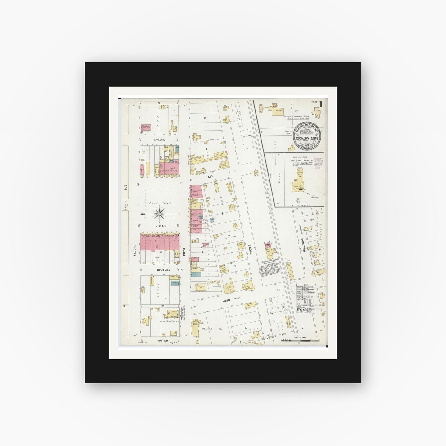Old map wall art mockup — black gallery frame with white mat — Sanborn Fire Insurance Map from Mountain Grove, Wright County, Missouri (1902) - Complete Map Set