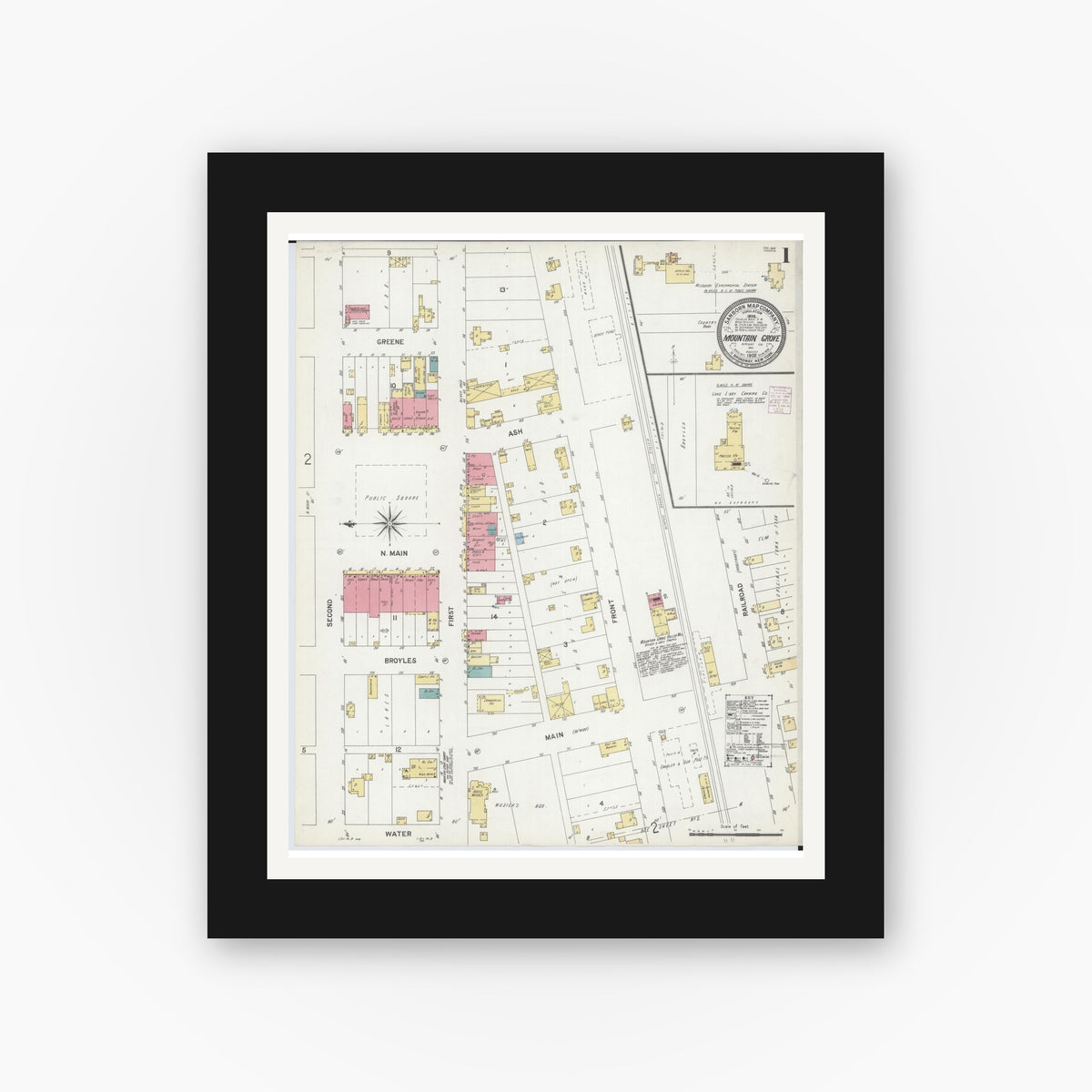 Old map wall art mockup — black gallery frame with white mat — Sanborn Fire Insurance Map from Mountain Grove, Wright County, Missouri (1902) - Complete Map Set