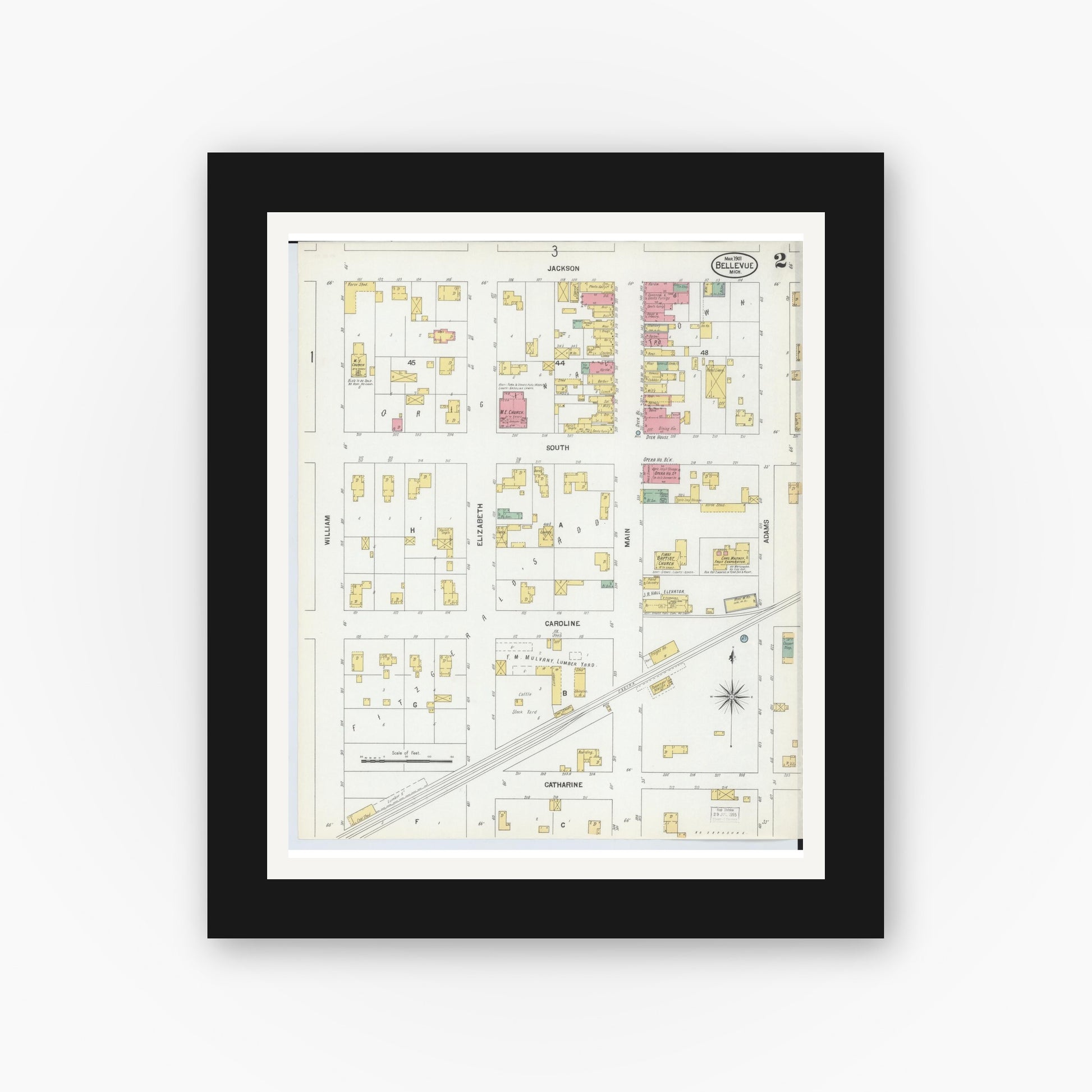 Old map wall art mockup — black gallery frame with white mat — Sanborn Fire Insurance Map from Bellevue, Eaton County, Michigan (1901), Sheet #0002