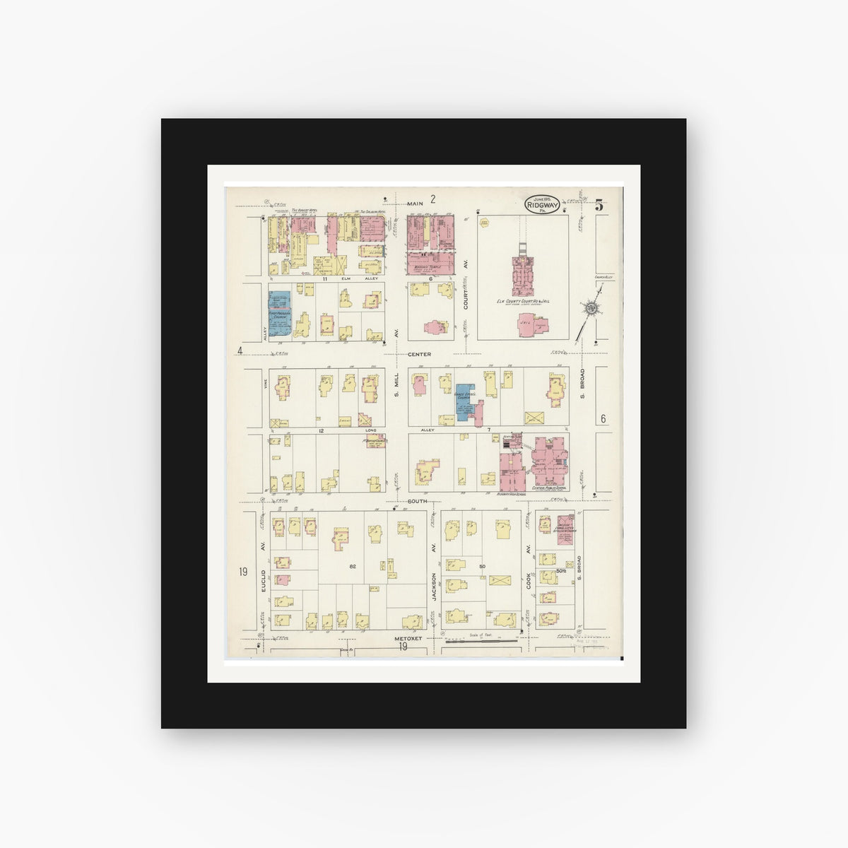 Old map wall art mockup — black gallery frame with white mat — Sanborn Fire Insurance Map from Ridgway, Elk County, Pennsylvania (1915), Sheet #0005