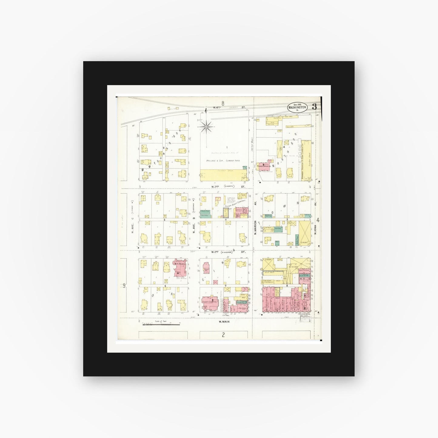 Old map wall art mockup — black gallery frame with white mat — Sanborn Fire Insurance Map from Washington, Washington County, Iowa (1902), Sheet #0003