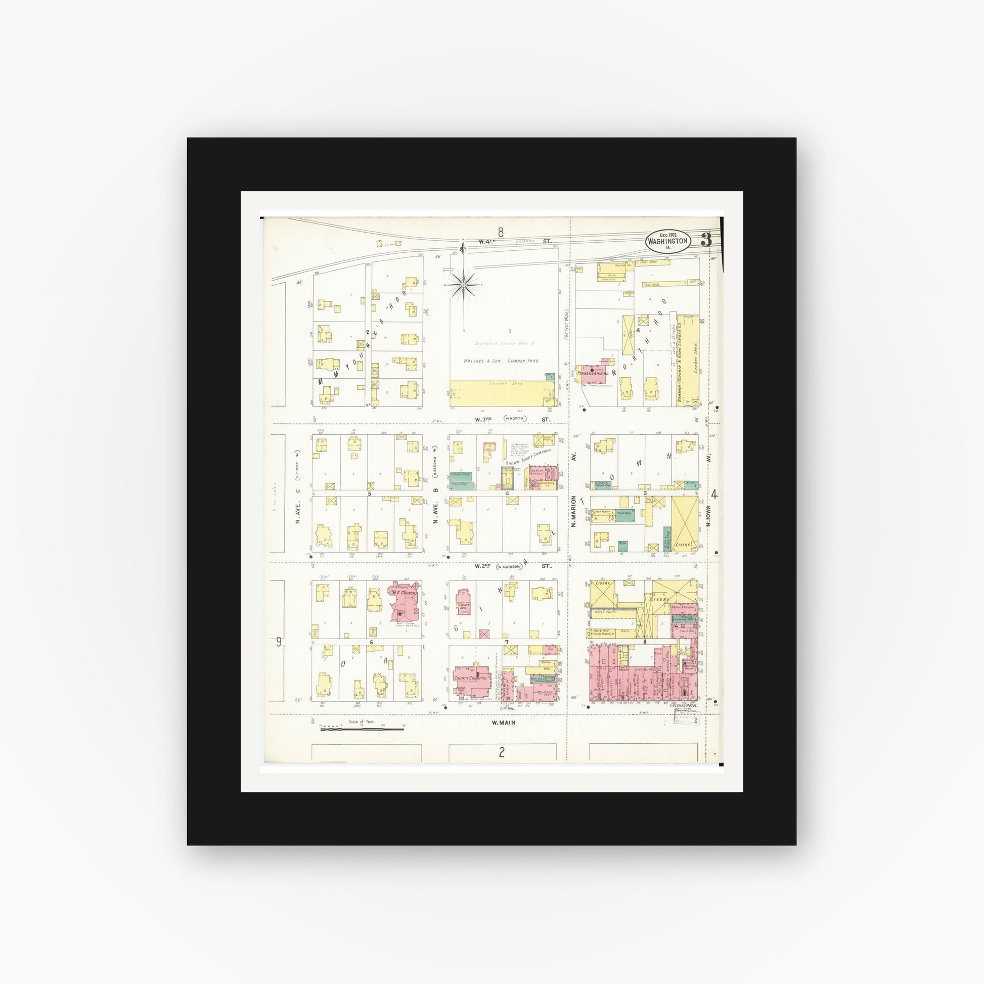 Old map wall art mockup — black gallery frame with white mat — Sanborn Fire Insurance Map from Washington, Washington County, Iowa (1902), Sheet #0003