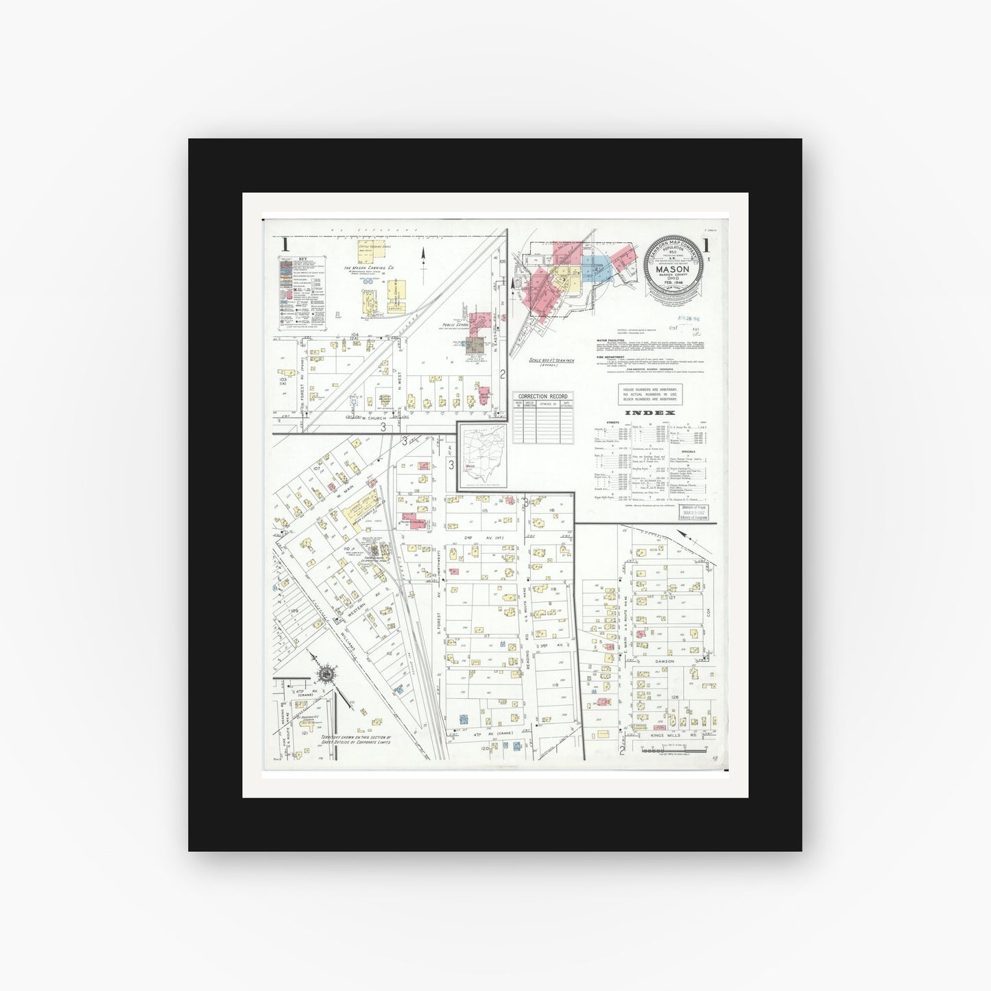 Old map wall art mockup — black gallery frame with white mat — Sanborn Fire Insurance Map from Mason, Warren County, Ohio (1946) - Complete Map Set