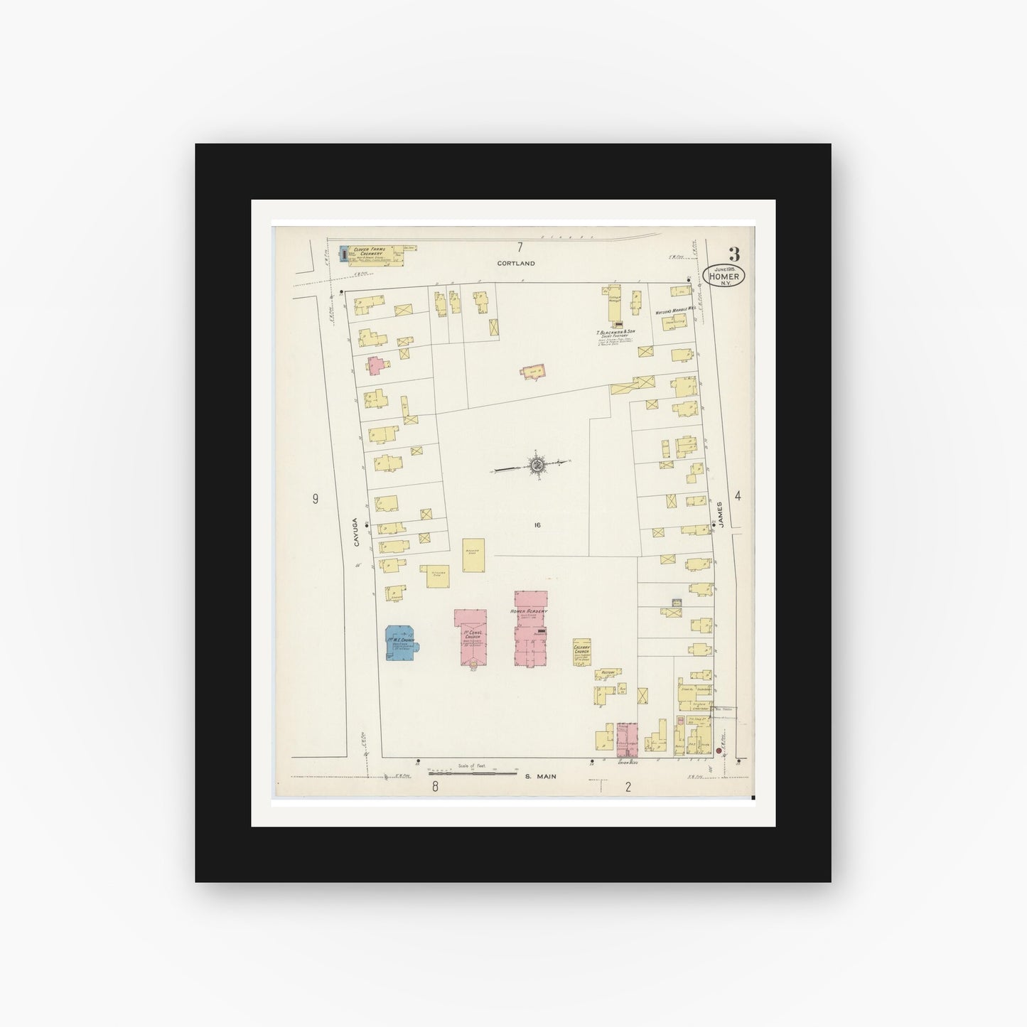 Old map wall art mockup — black gallery frame with white mat — Sanborn Fire Insurance Map from Homer, Cortland County, New York (1915), Sheet #0003