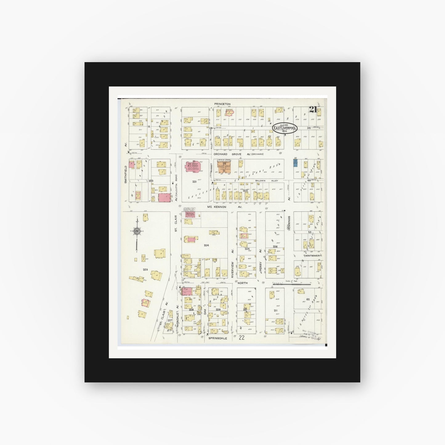 Old map wall art mockup — black gallery frame with white mat — Sanborn Fire Insurance Map from East Liverpool, Columbiana County, Ohio (1913), Sheet #0021