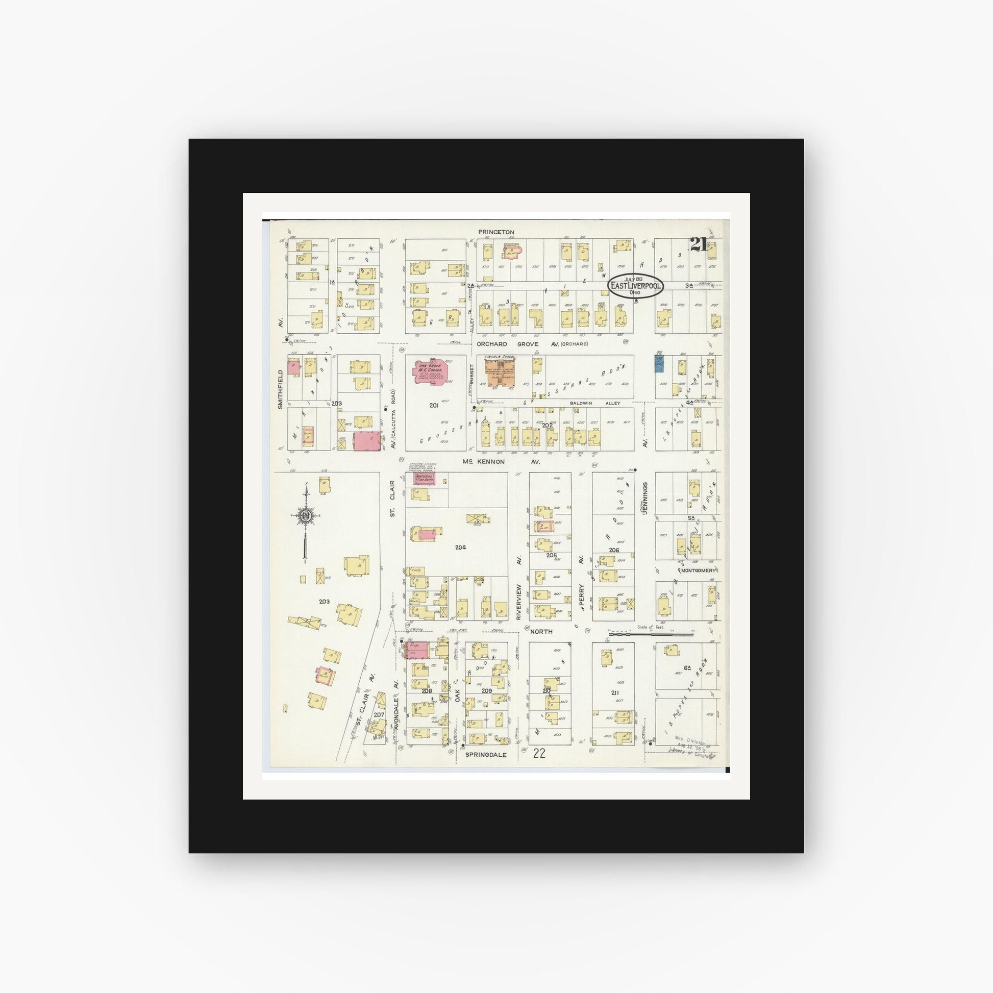 Old map wall art mockup — black gallery frame with white mat — Sanborn Fire Insurance Map from East Liverpool, Columbiana County, Ohio (1913), Sheet #0021
