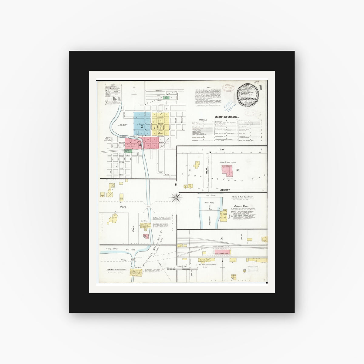 Old map wall art mockup — black gallery frame with white mat — Sanborn Fire Insurance Map from Manchester, Delaware County, Iowa (1899) â€” Complete Set