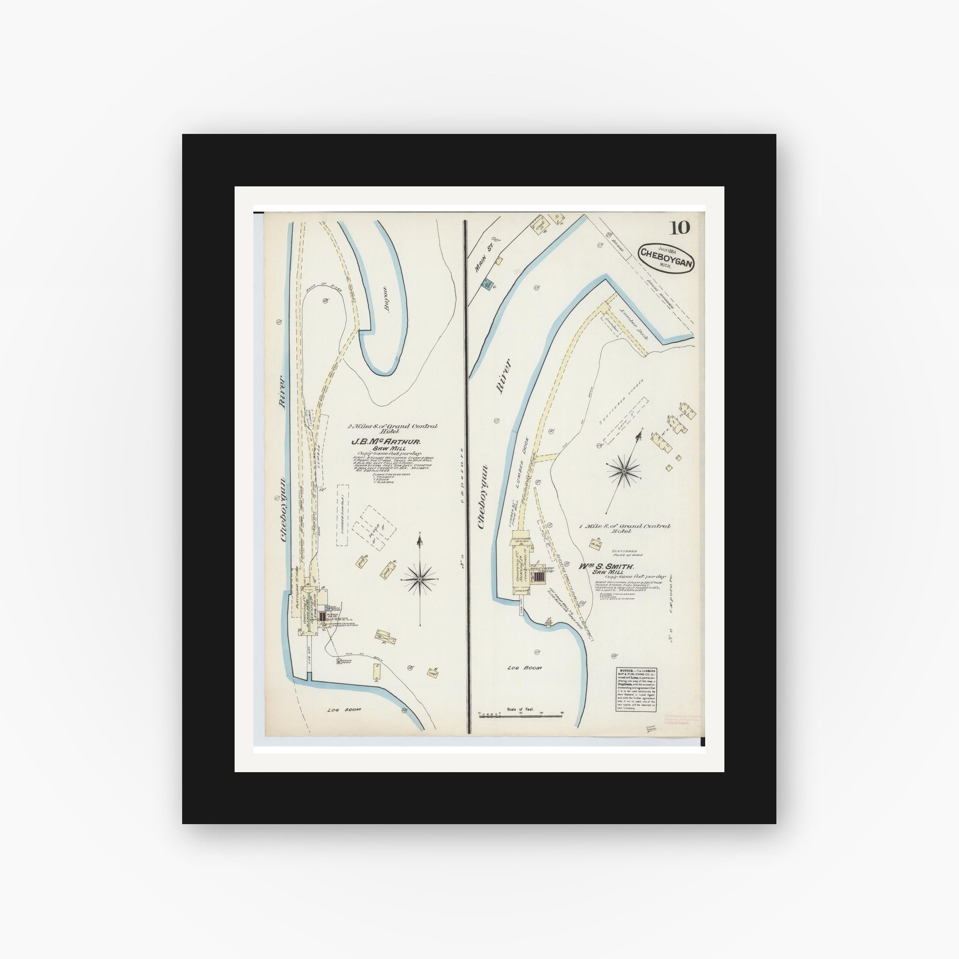 Old map wall art mockup — black gallery frame with white mat — Sanborn Fire Insurance Map from Cheboygan, Cheboygan County, Michigan (1884), Sheet #0010