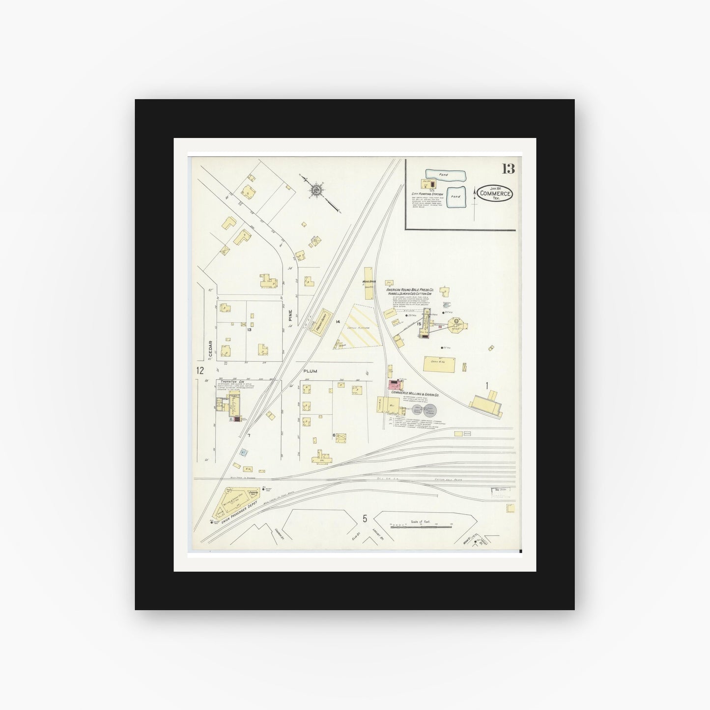 Old map wall art mockup — black gallery frame with white mat — Sanborn Fire Insurance Map from Commerce, Hunt County, Texas (1911), Sheet #0013