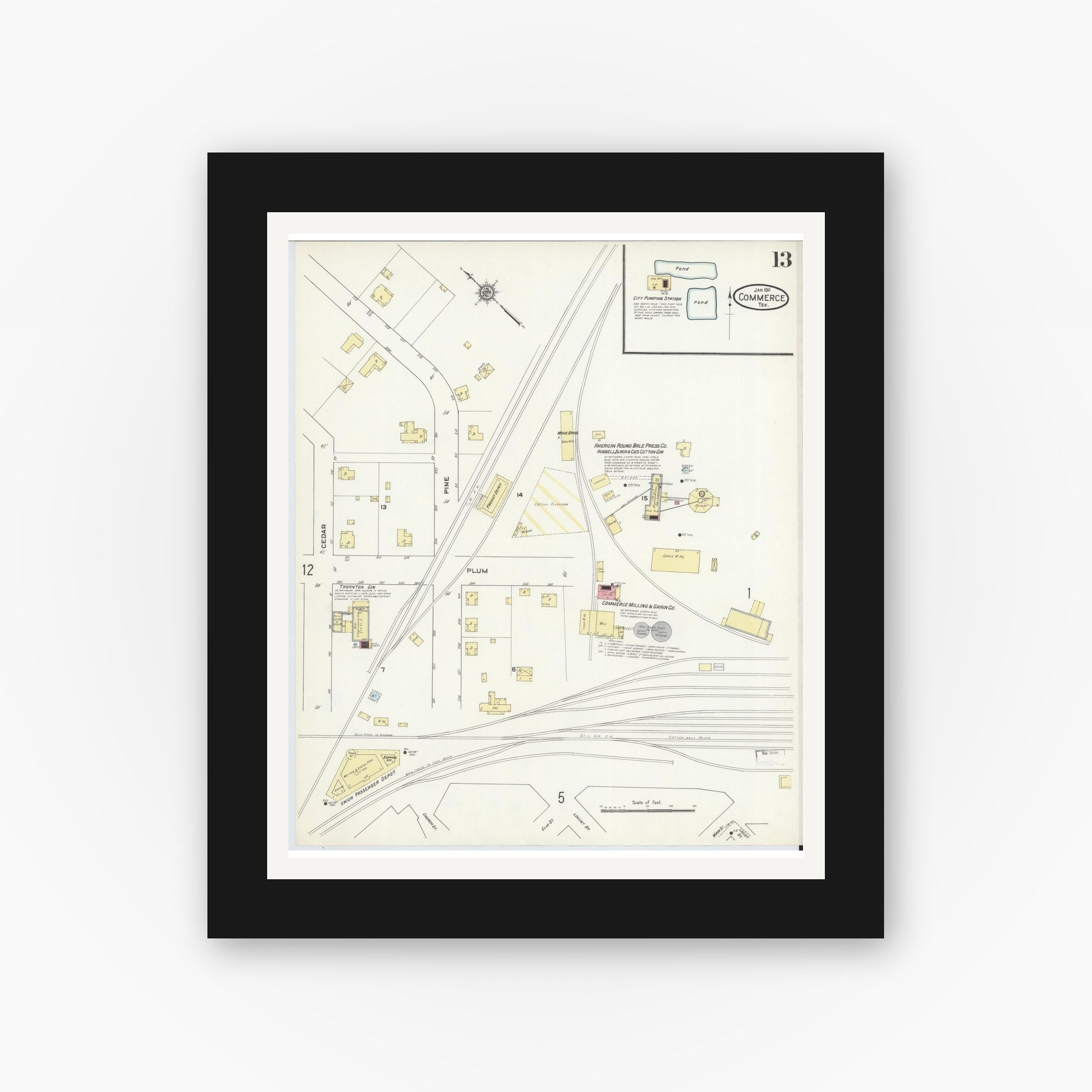 Old map wall art mockup — black gallery frame with white mat — Sanborn Fire Insurance Map from Commerce, Hunt County, Texas (1911), Sheet #0013