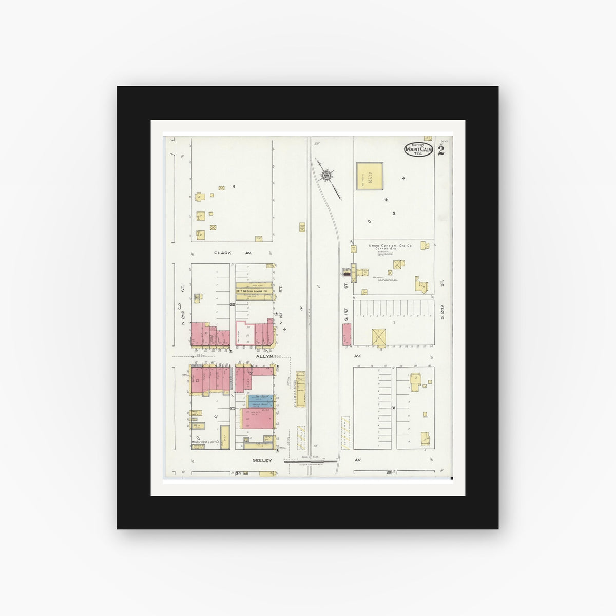 Old map wall art mockup — black gallery frame with white mat — Sanborn Fire Insurance Map from Mount Calm, Hill County, Texas (1921), Sheet #0002