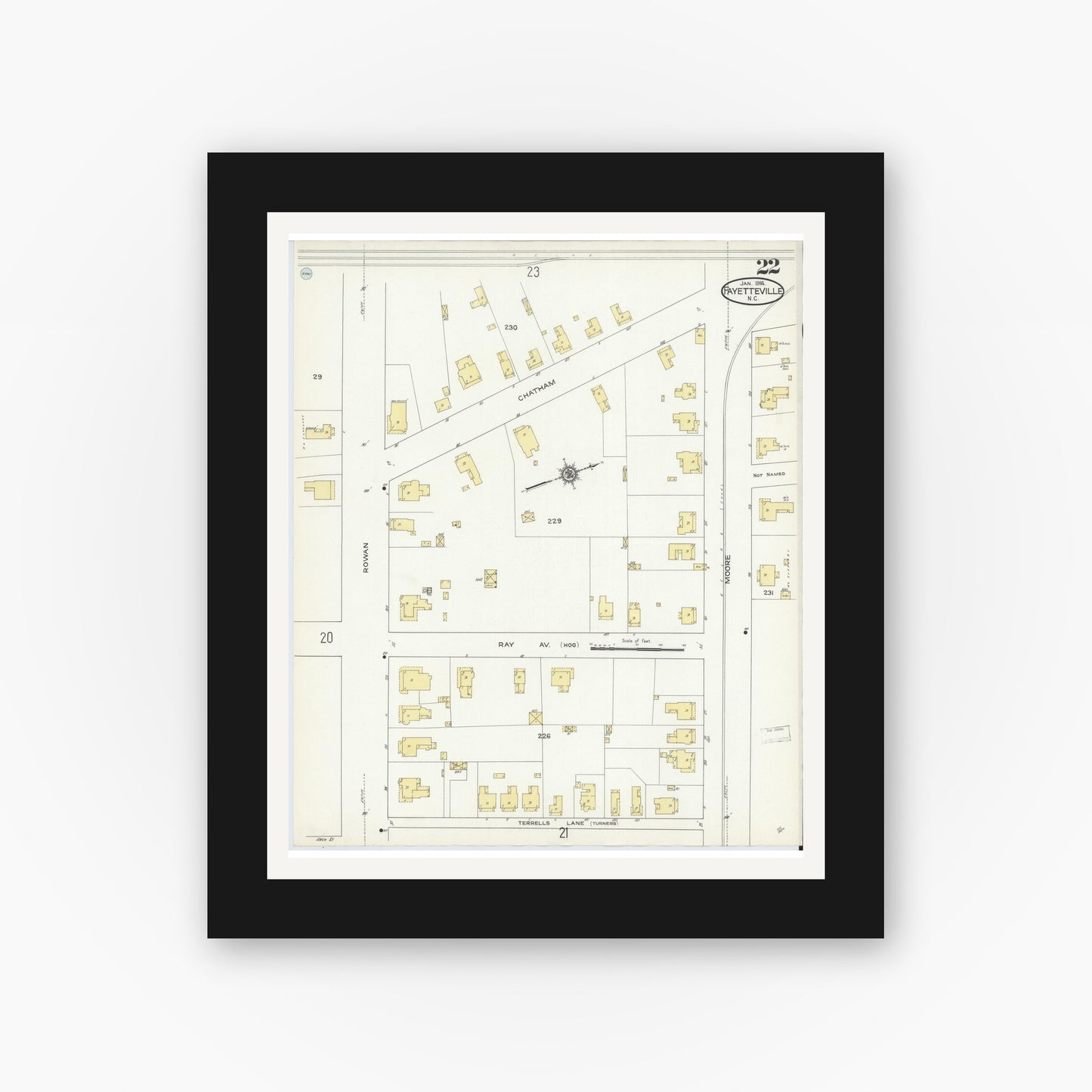 Old map wall art mockup — black gallery frame with white mat — Sanborn Fire Insurance Map from Fayetteville, Cumberland County, North Carolina (1914), Sheet #0022