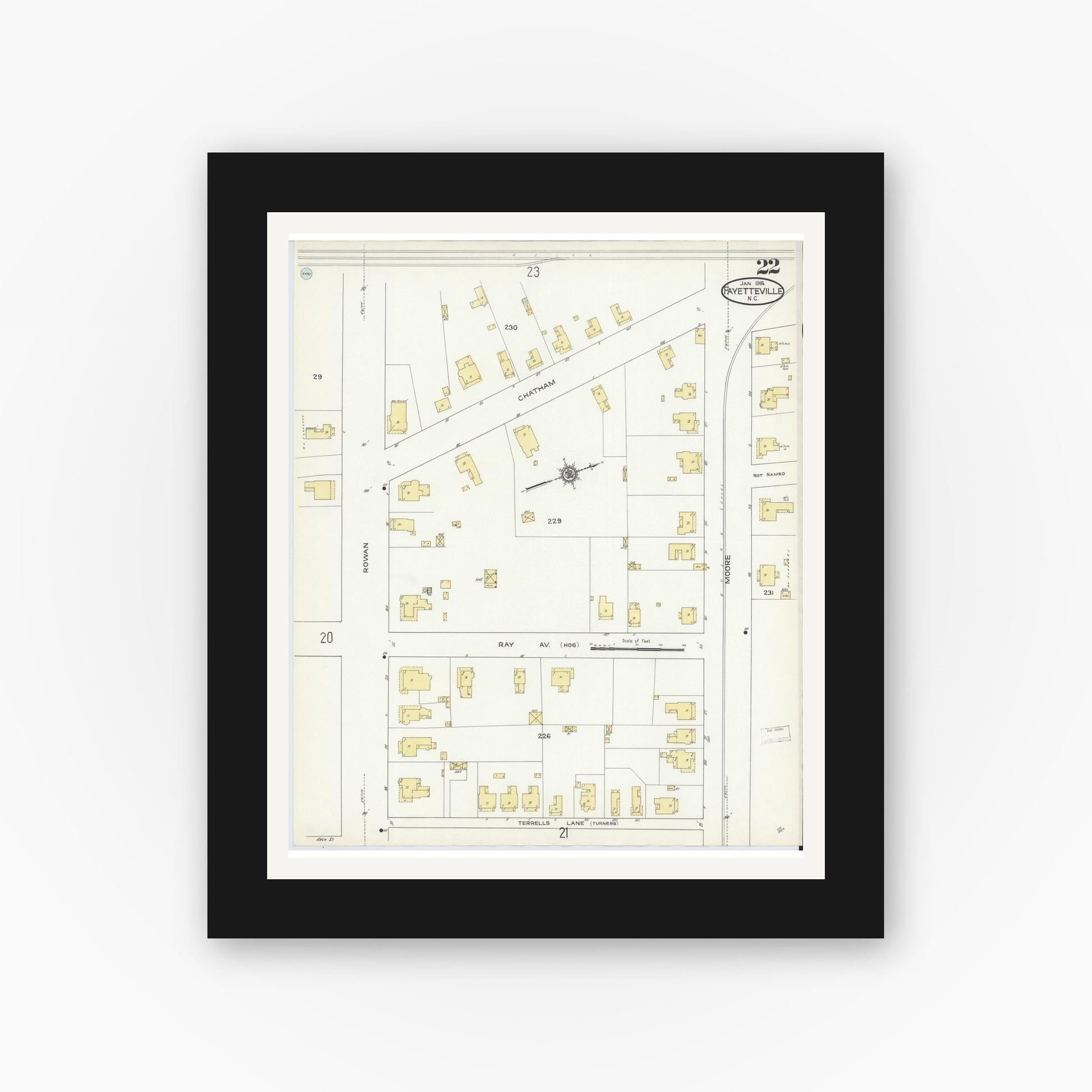Old map wall art mockup — black gallery frame with white mat — Sanborn Fire Insurance Map from Fayetteville, Cumberland County, North Carolina (1914), Sheet #0022