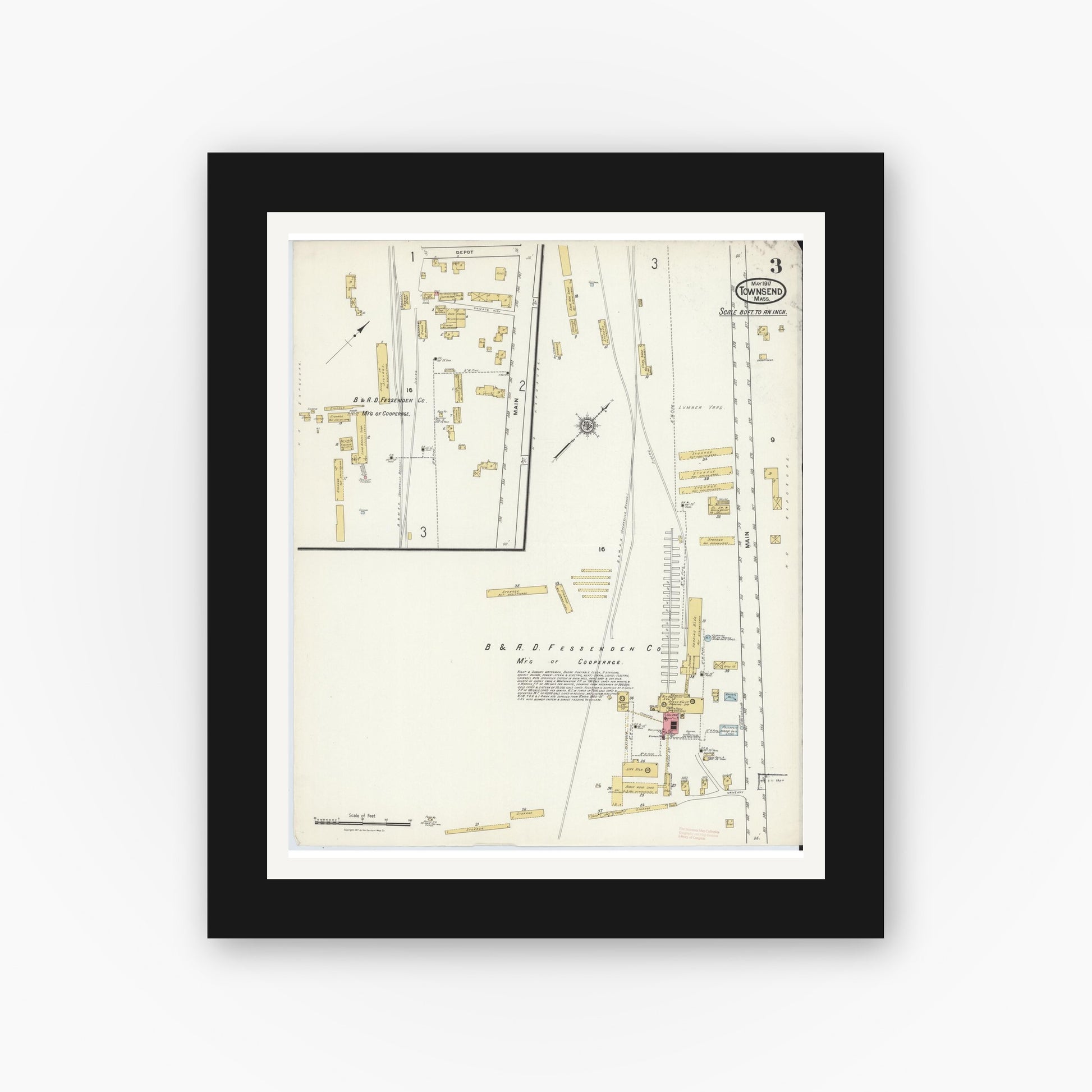 Old map wall art mockup — black gallery frame with white mat — Sanborn Fire Insurance Map from Townsend, Middlesex County, Massachusetts (1917), Sheet #0003