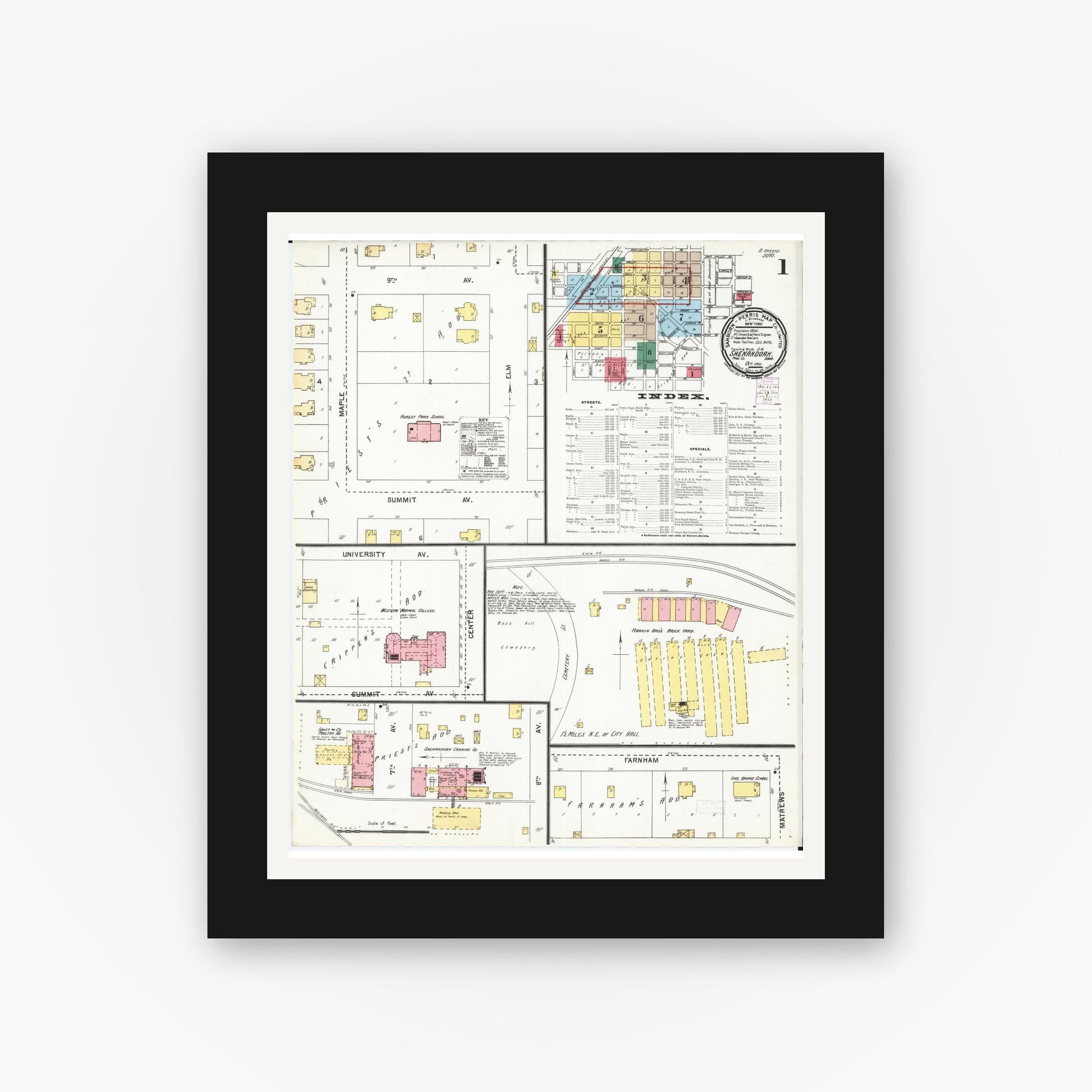 Old map wall art mockup — black gallery frame with white mat — Sanborn Fire Insurance Map from Shenandoah, Page County, Iowa (1901), Sheet #0001