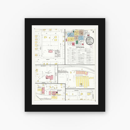 Old map wall art mockup — black gallery frame with white mat — Sanborn Fire Insurance Map from Shenandoah, Page County, Iowa (1901), Sheet #0001