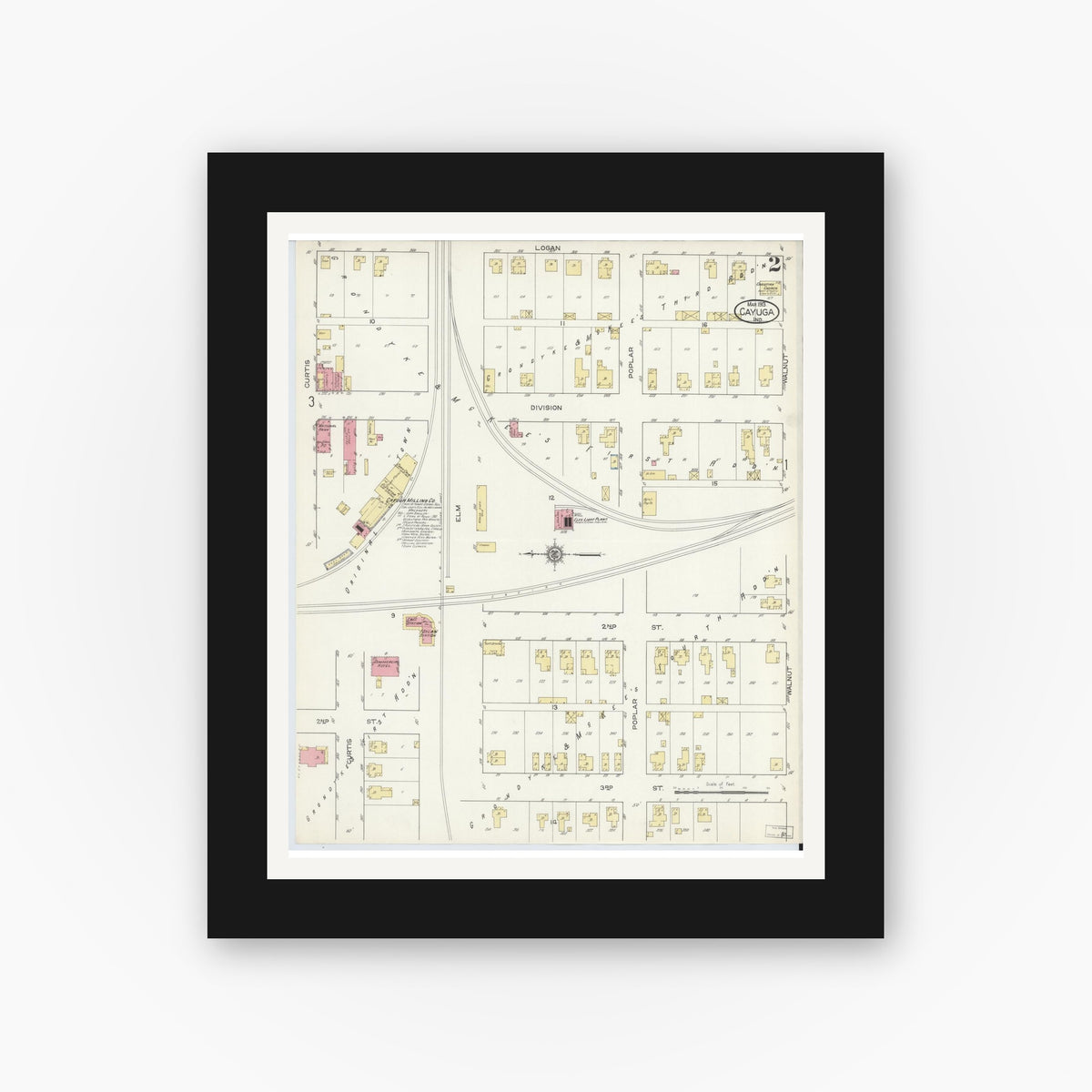 Old map wall art mockup — black gallery frame with white mat — Sanborn Fire Insurance Map from Cayuga, Vermillion County, Indiana (1913), Sheet #0002