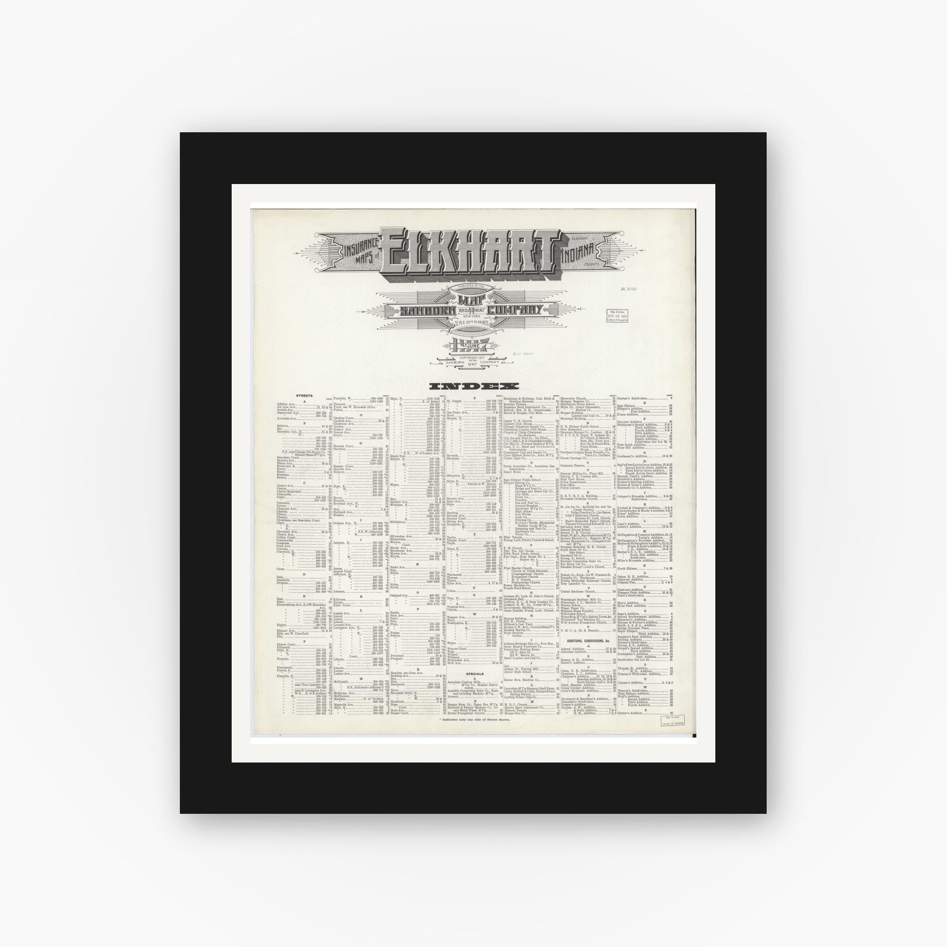 Old map wall art mockup — black gallery frame with white mat — Sanborn Fire Insurance Map from Elkhart, Elkhart County, Indiana (1917), Sheet #0001