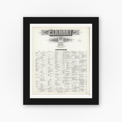 Old map wall art mockup — black gallery frame with white mat — Sanborn Fire Insurance Map from Elkhart, Elkhart County, Indiana (1917), Sheet #0001