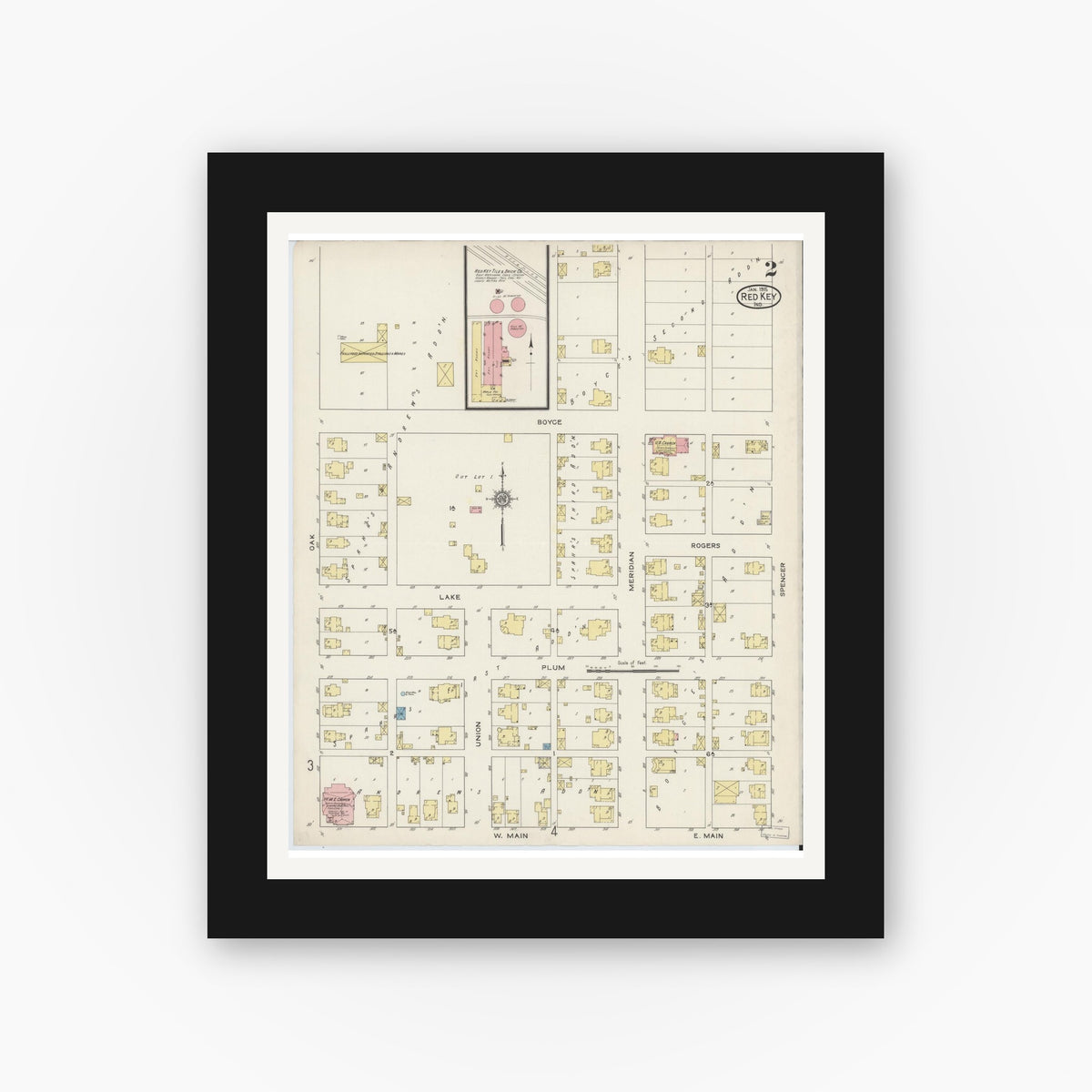 Old map wall art mockup — black gallery frame with white mat — Sanborn Fire Insurance Map from Redkey, Jay County, Indiana (1915), Sheet #0002