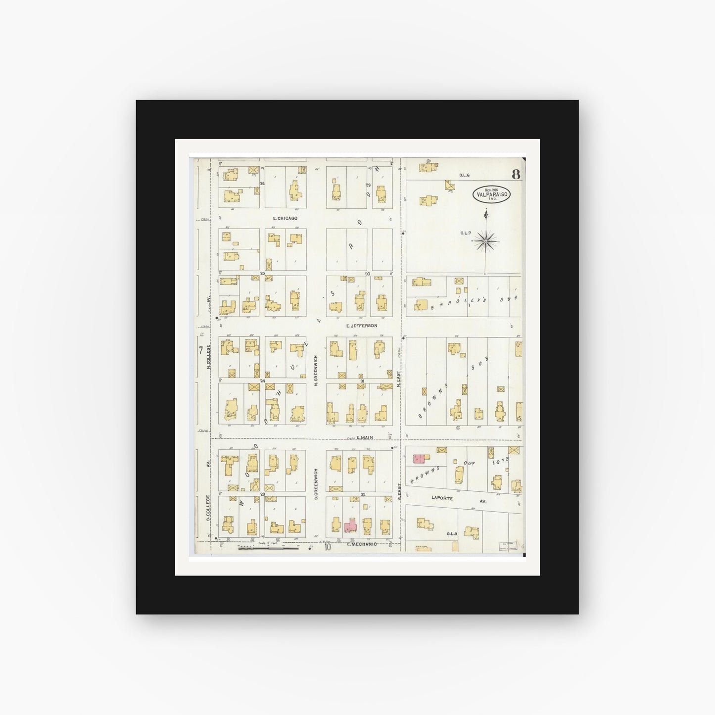Old map wall art mockup — black gallery frame with white mat — Sanborn Fire Insurance Map from Valparaiso, Porter County, Indiana (1905), Sheet #0008