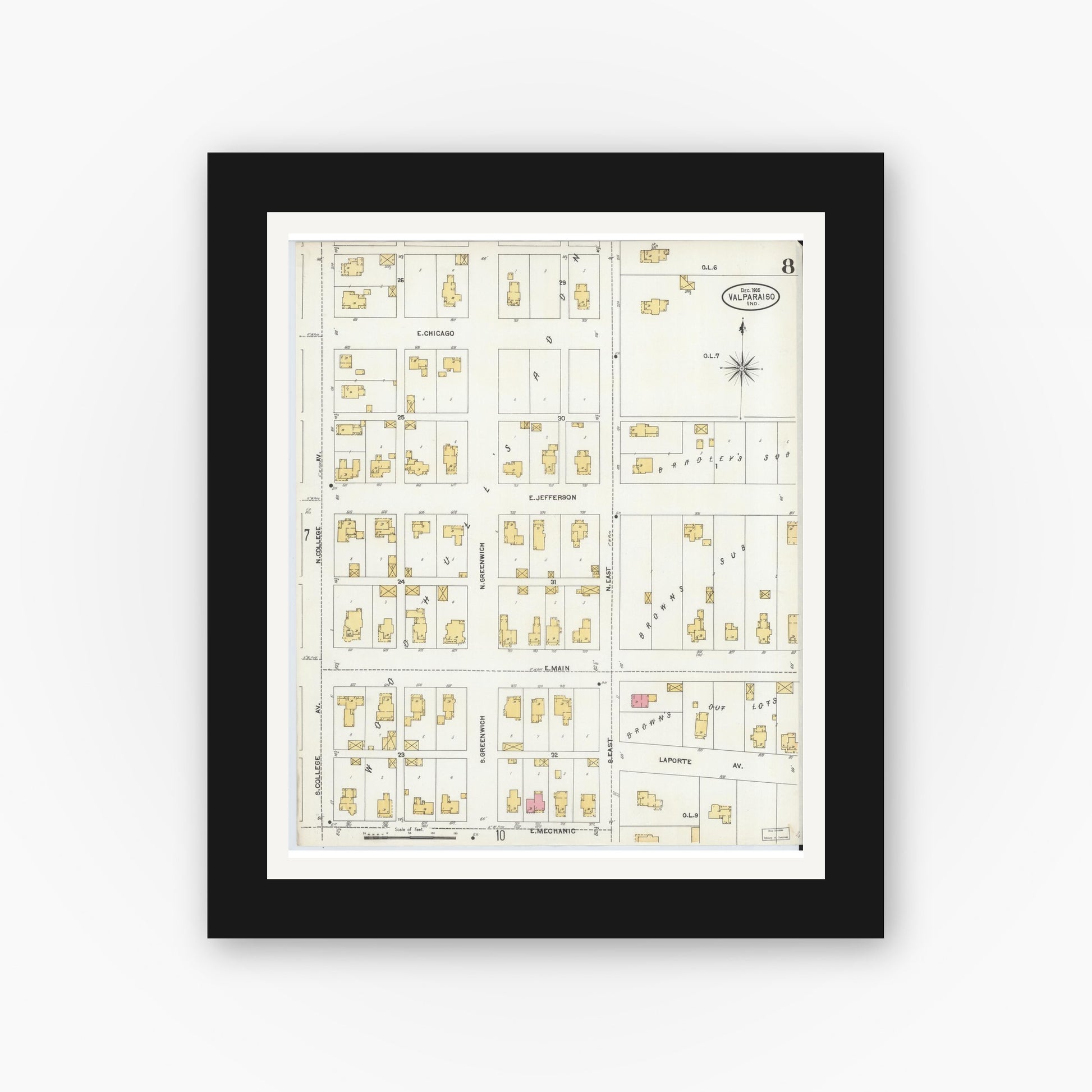 Old map wall art mockup — black gallery frame with white mat — Sanborn Fire Insurance Map from Valparaiso, Porter County, Indiana (1905), Sheet #0008