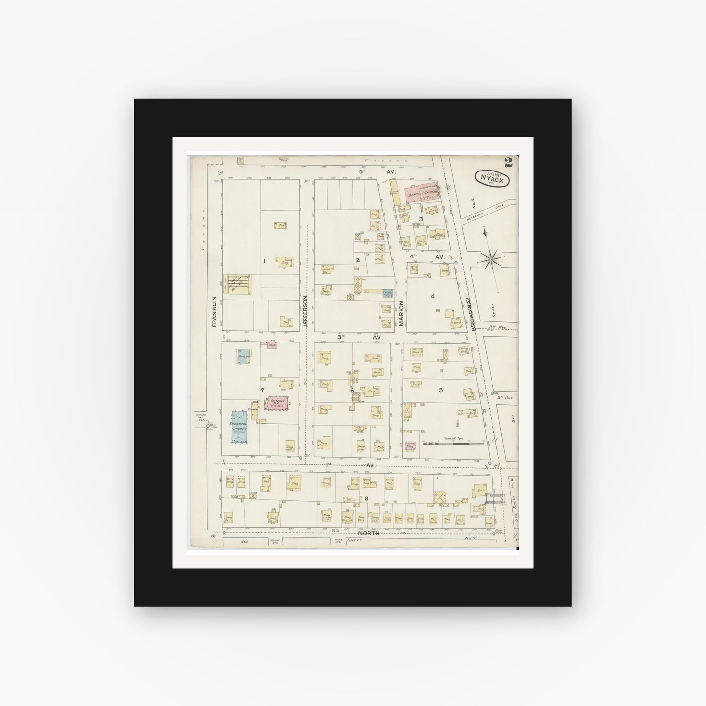 Old map wall art mockup — black gallery frame with white mat — Sanborn Fire Insurance Map from Nyack, Rockland County, New York. (1887), Sheet #0002