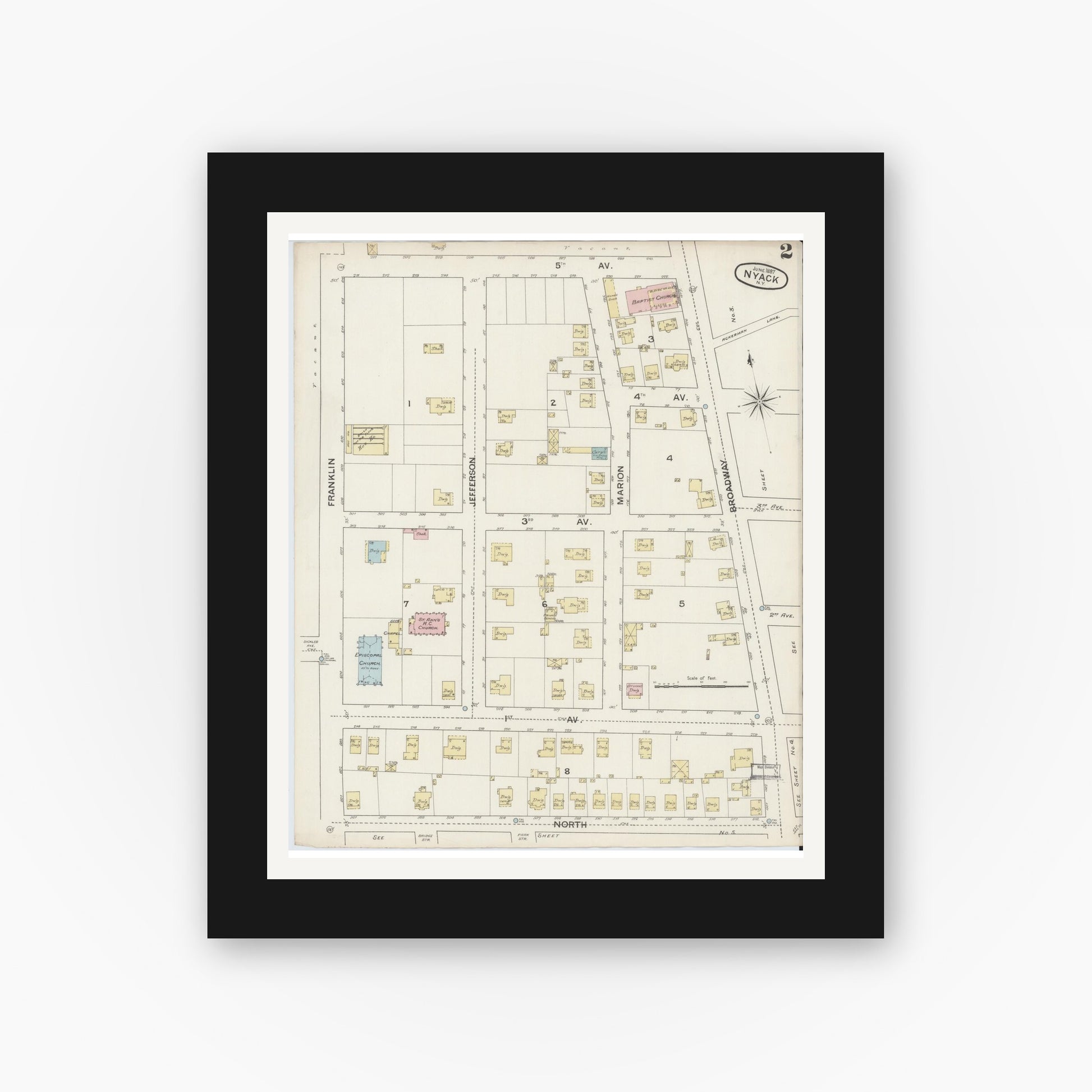 Old map wall art mockup — black gallery frame with white mat — Sanborn Fire Insurance Map from Nyack, Rockland County, New York. (1887), Sheet #0002