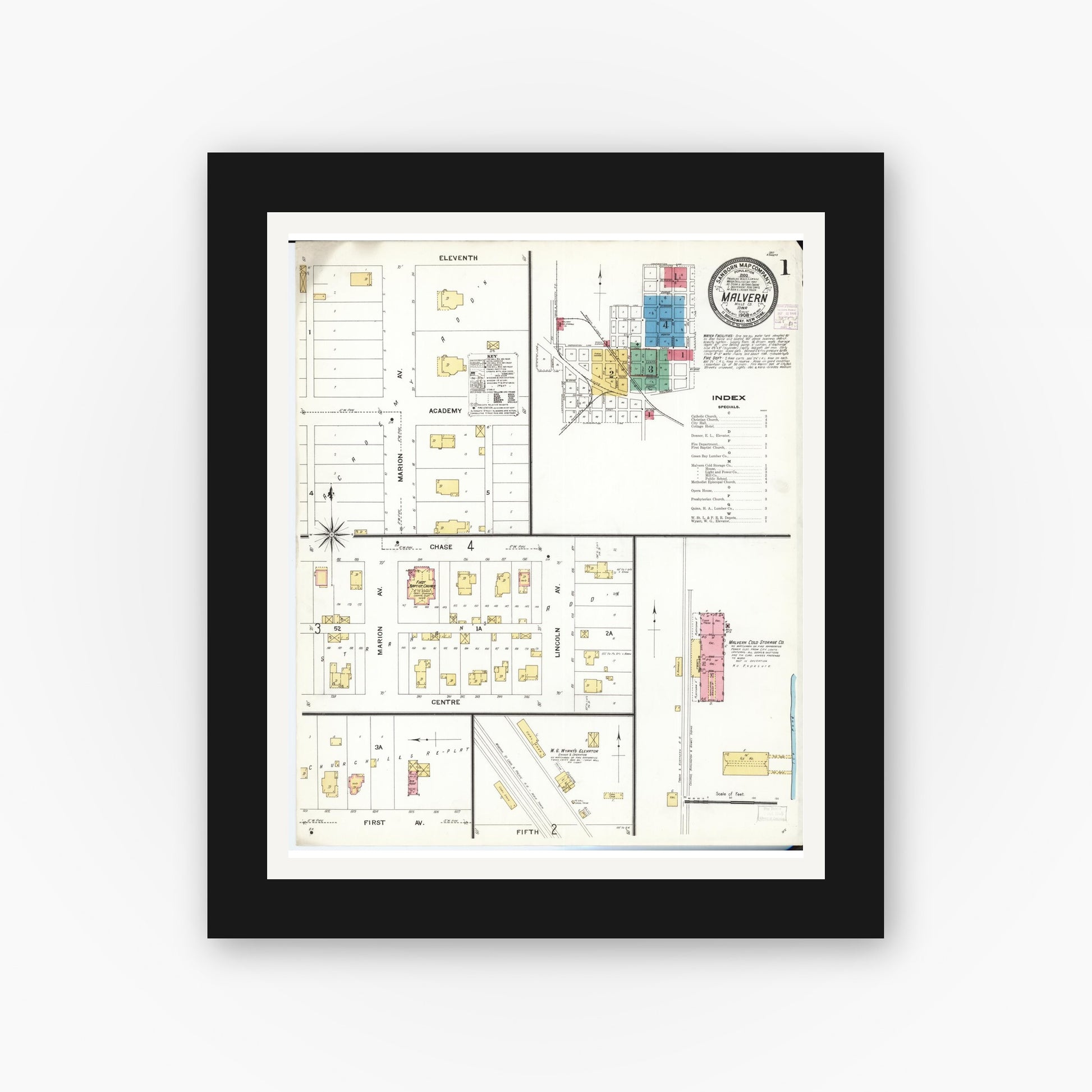Old map wall art mockup — black gallery frame with white mat — Sanborn Fire Insurance Map from Malvern, Mills County, Iowa (1908), Sheet #0001