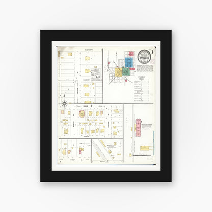 Old map wall art mockup — black gallery frame with white mat — Sanborn Fire Insurance Map from Malvern, Mills County, Iowa (1908), Sheet #0001