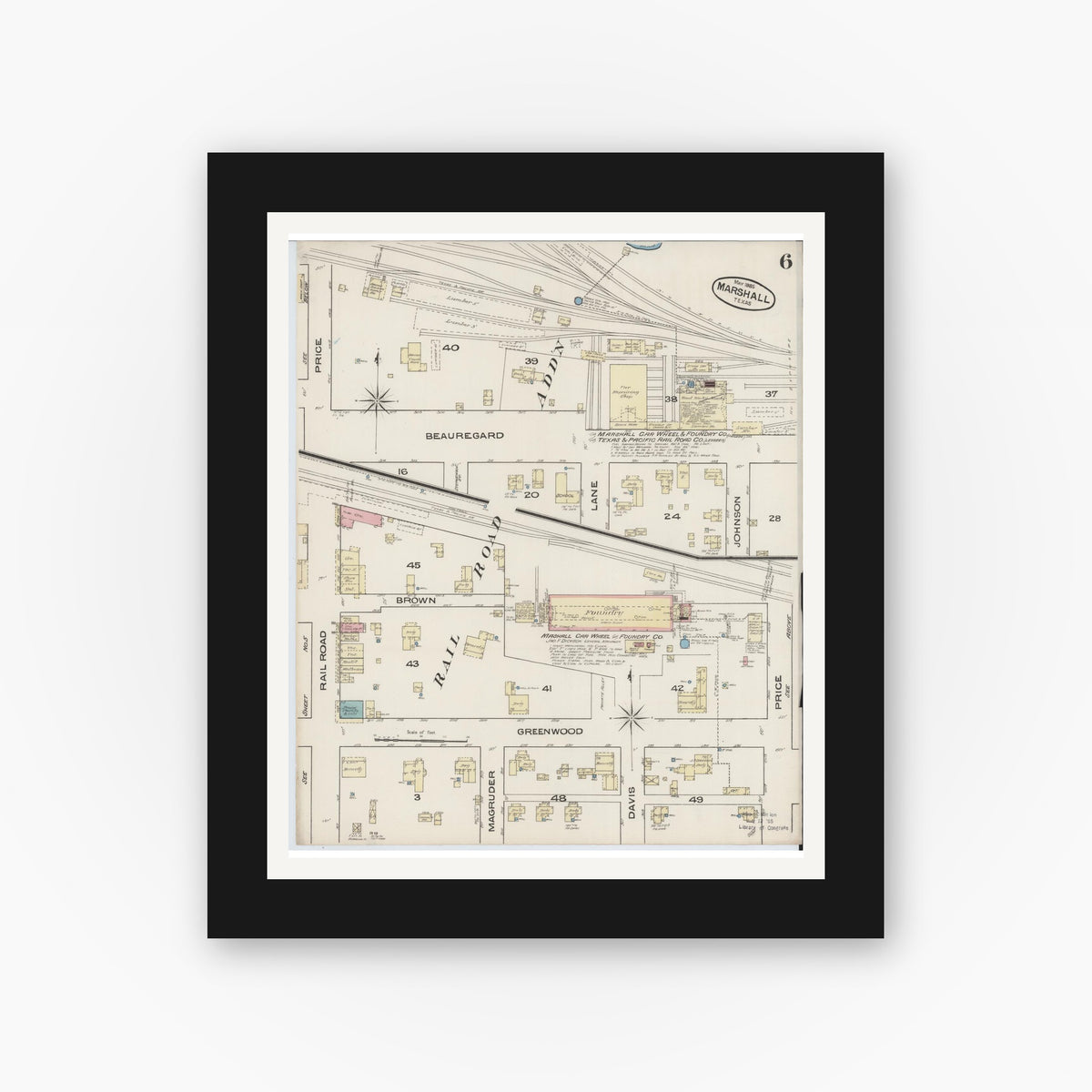 Old map wall art mockup — black gallery frame with white mat — Sanborn Fire Insurance Map from Marshall, Harrison County, Texas (1885), Sheet #0006