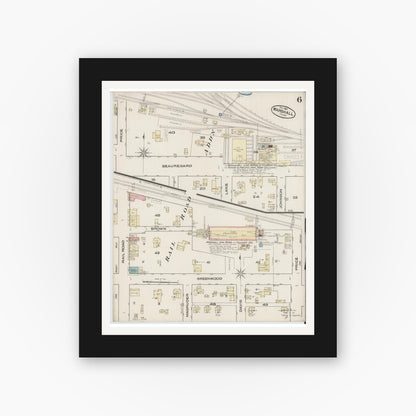 Old map wall art mockup — black gallery frame with white mat — Sanborn Fire Insurance Map from Marshall, Harrison County, Texas (1885), Sheet #0006