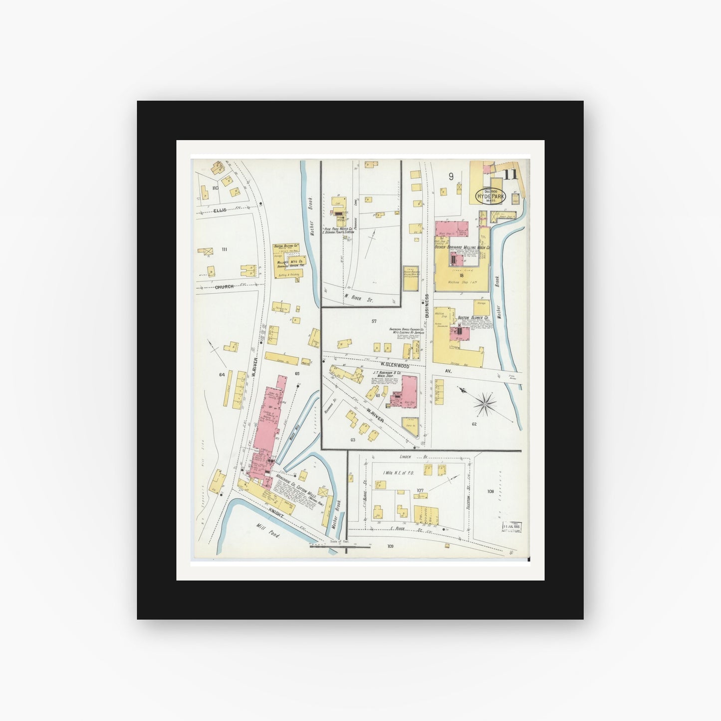 Old map wall art mockup — black gallery frame with white mat — Sanborn Fire Insurance Map from Hyde Park, Norfolk County, Massachusetts (1900), Sheet #0011