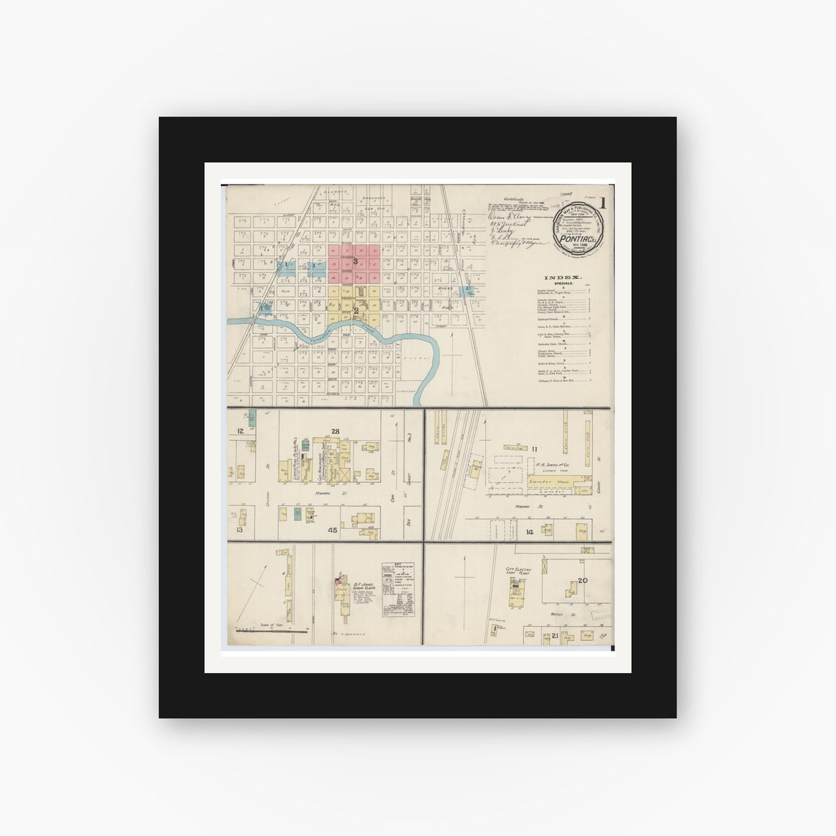 Old map wall art mockup — black gallery frame with white mat — Sanborn Fire Insurance Map from Pontiac, Livingston County, Illinois (1888), Sheet #0001