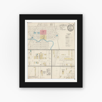 Old map wall art mockup — black gallery frame with white mat — Sanborn Fire Insurance Map from Pontiac, Livingston County, Illinois (1888), Sheet #0001