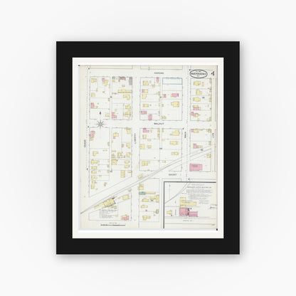 Old map wall art mockup — black gallery frame with white mat — Sanborn Fire Insurance Map from Independence, Jackson County, Missouri (1892), Sheet #0004