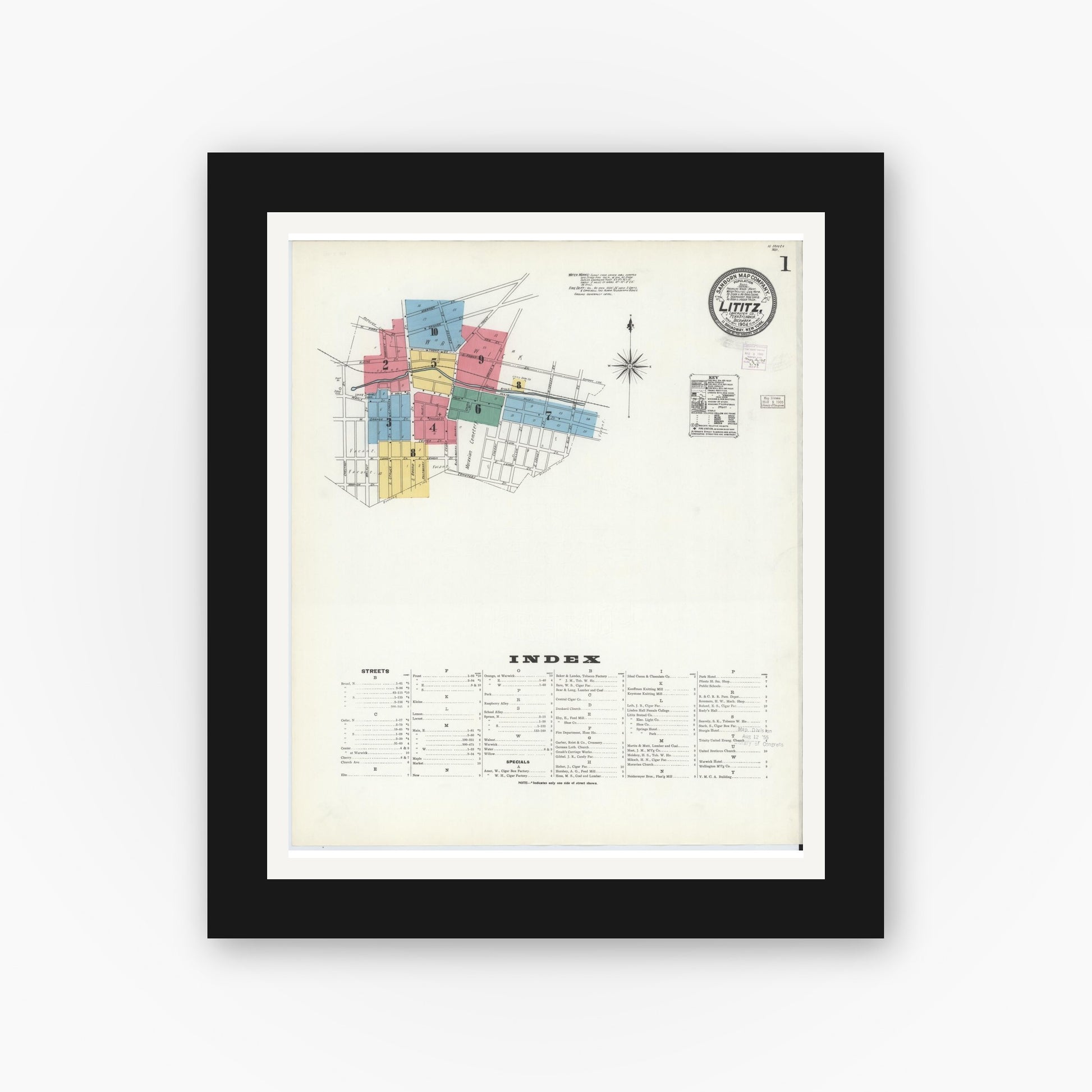 Old map wall art mockup — black gallery frame with white mat — Sanborn Fire Insurance Map from Lititz, Lancaster County, Pennsylvania (1904) - Complete Map Set